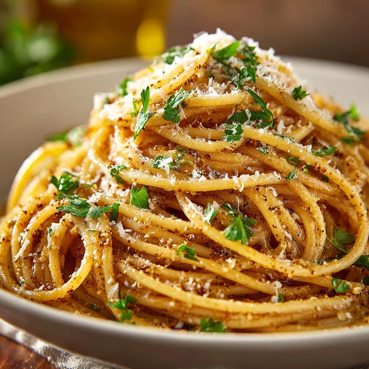A bowl of comforting Brown Butter Parmesan Pasta, garnished with fresh parsley and shaved Parmesan.