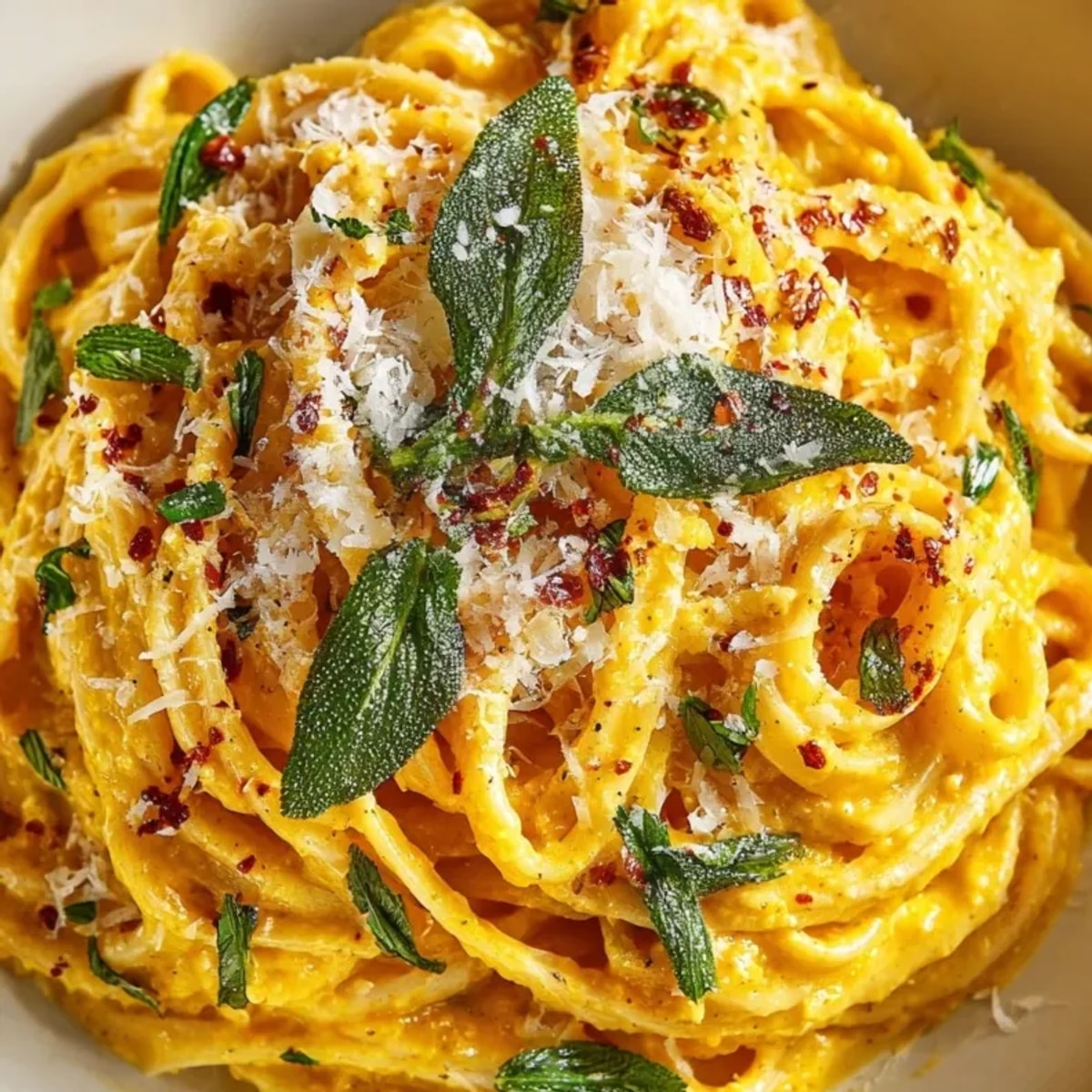 Close-up of Creamy Pumpkin Sage Pasta, a rich vegetarian dish with Parmesan topping.