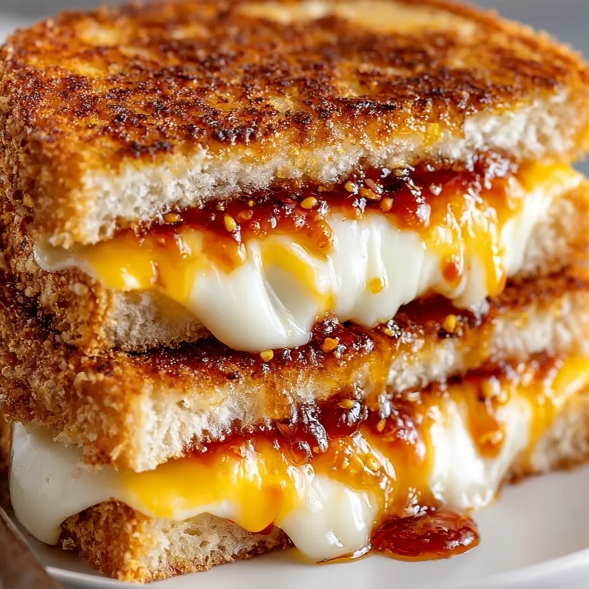 Golden-brown Honey Sriracha Grilled Cheese bubbling warmly, ready to eat with creamy melted cheese.