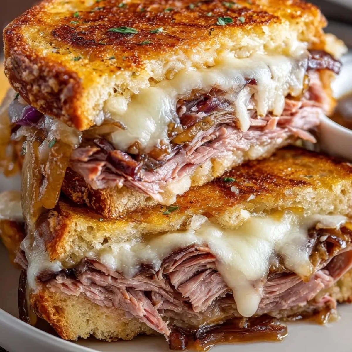 Golden French Dip Grilled Cheese with melted Swiss, savory beef, and rich au jus.