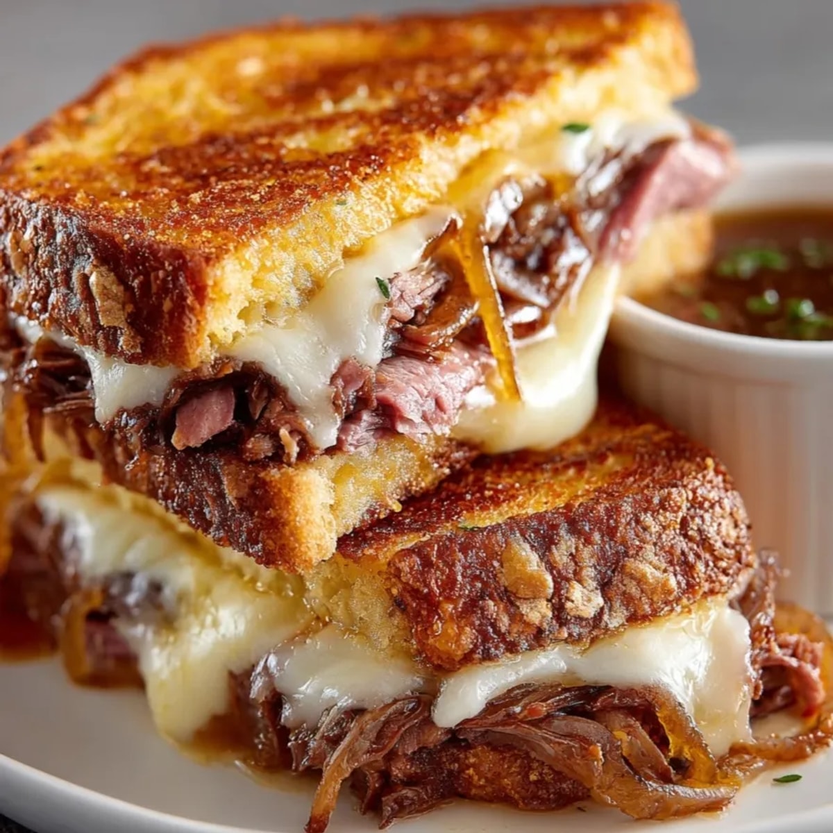 Crispy, buttery French Dip Grilled Cheese sandwich, ready for dipping in warm, flavorful broth.