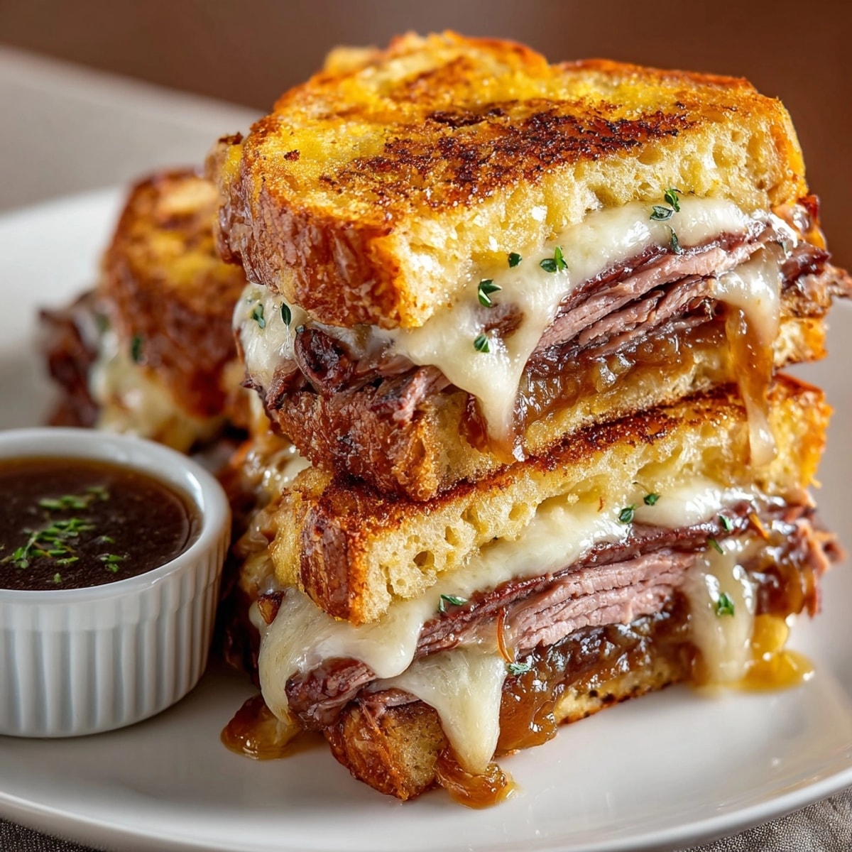 Close-up of a delicious French Dip Grilled Cheese oozing with cheese and caramelized onions.