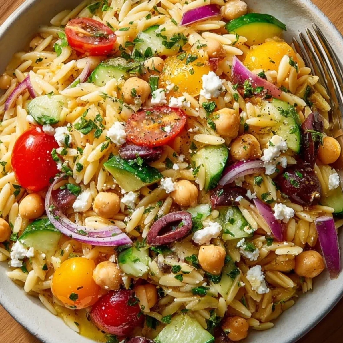 Bowl of bright Mediterranean Orzo with Chickpeas glistens, dressed in lemon vinaigrette.