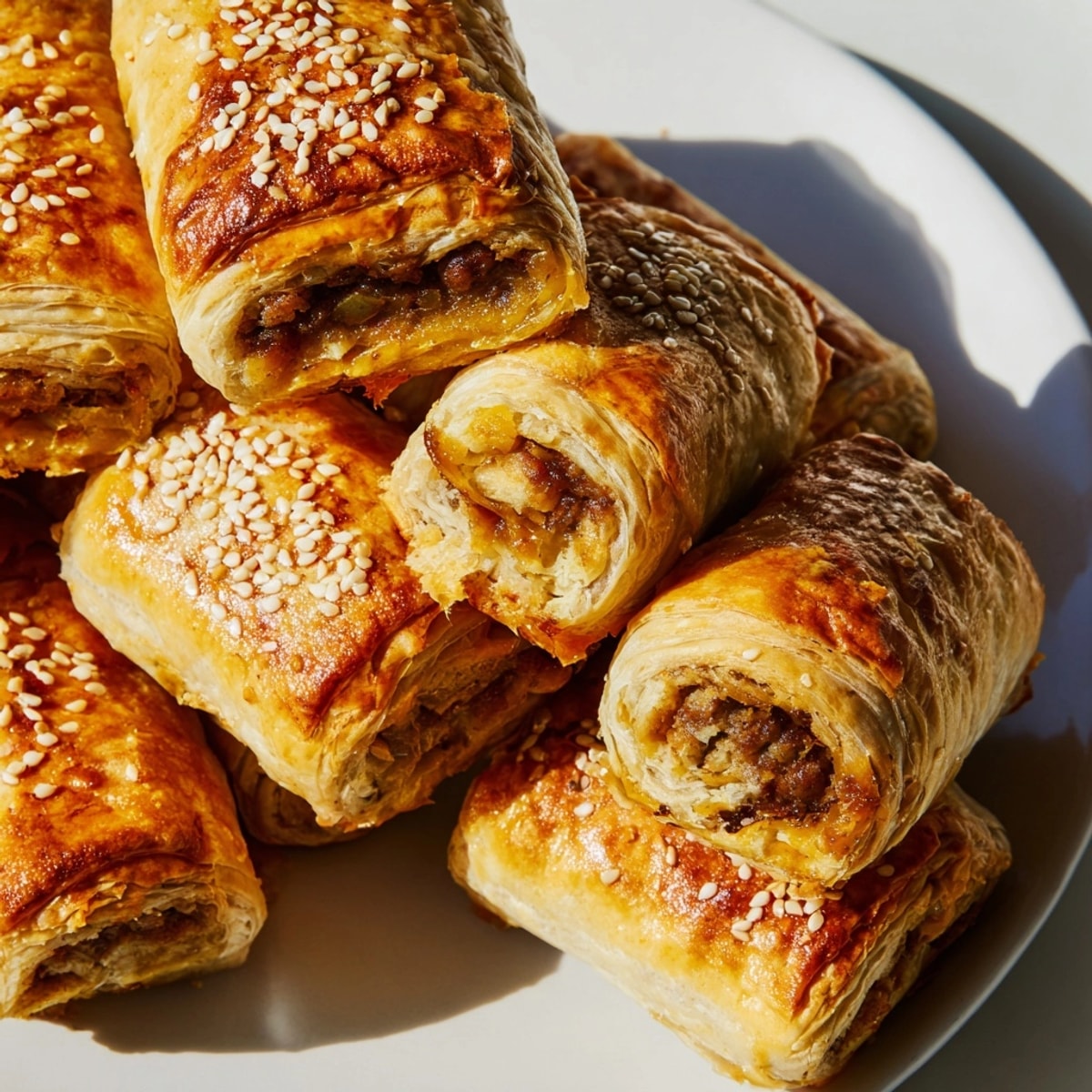 Golden, baked Caramelized Onion Sausage Rolls glisten, ready for a savory appetizer.
