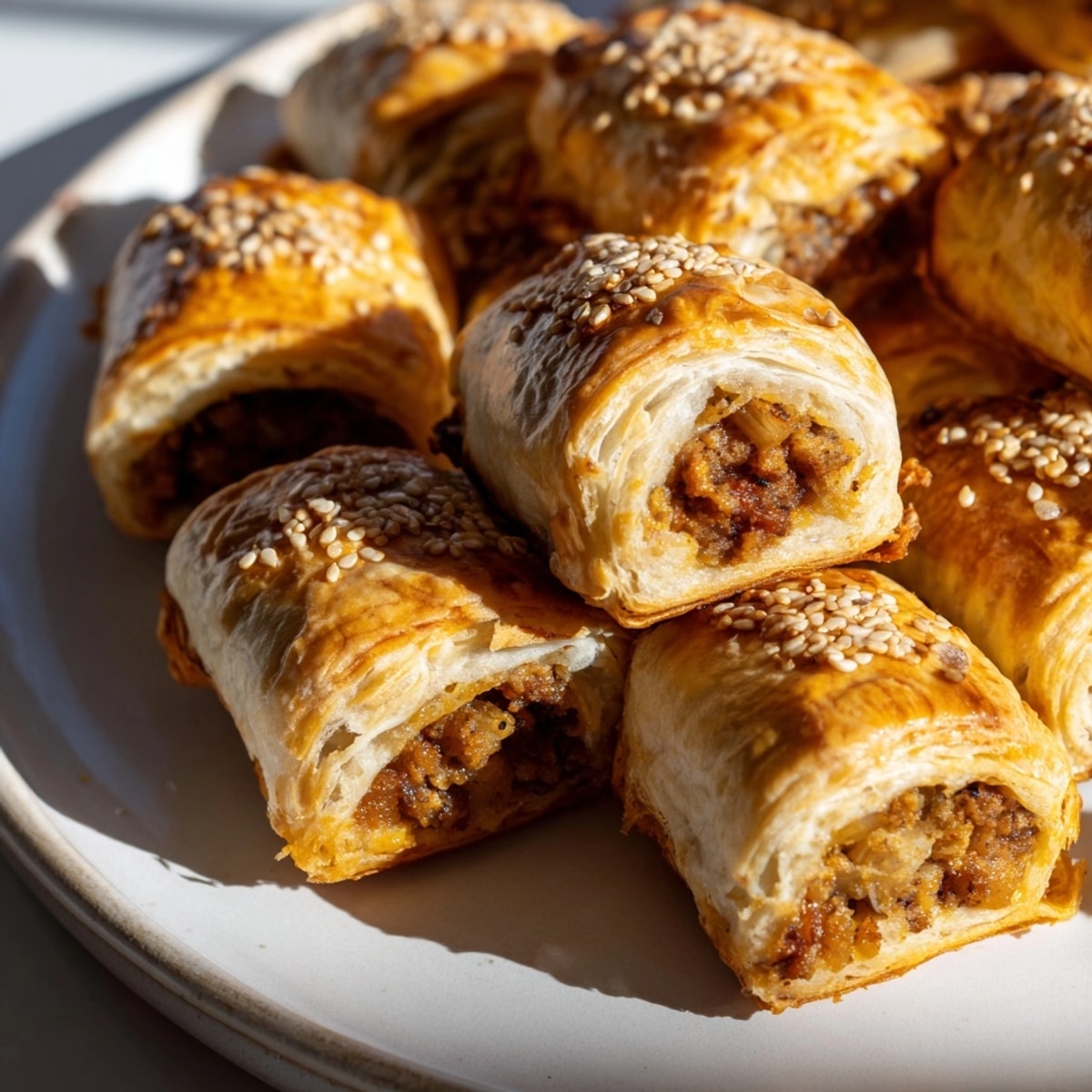 Close-up of flaky Caramelized Onion Sausage Rolls, the pork filling visible, warm and aromatic.