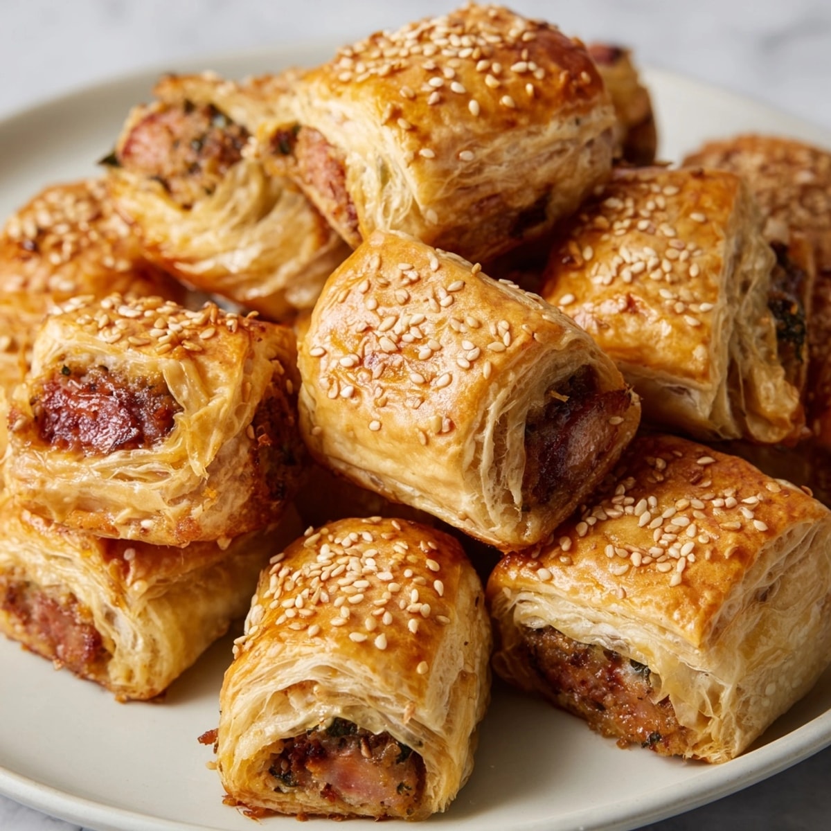 Homemade Caramelized Onion Sausage Rolls, scattered seeds on top, ready for dipping in chutney.