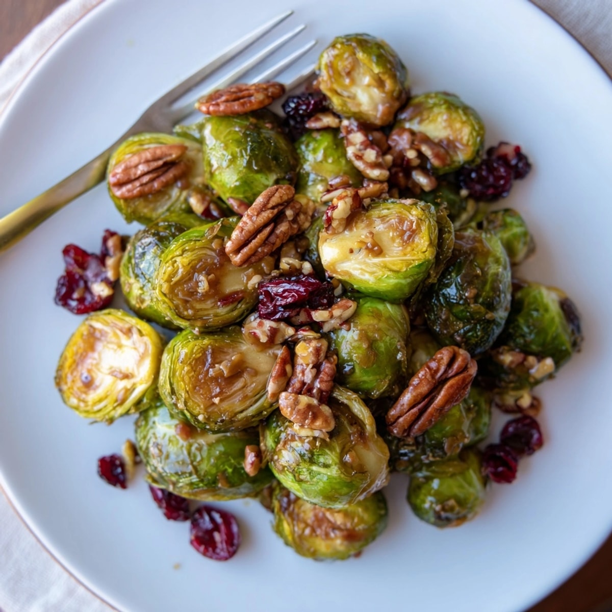 Golden Maple Glazed Brussels Sprouts recipe, oven-roasted until caramelized and slightly crisp.