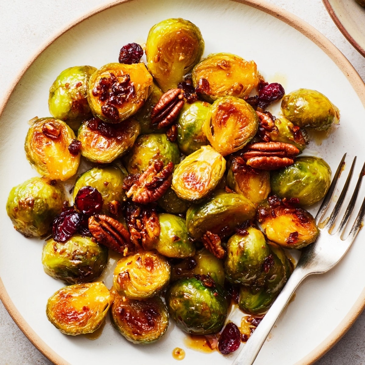 Close-up of delicious Maple Glazed Brussels Sprouts, showing the pecans and cranberry garnish.