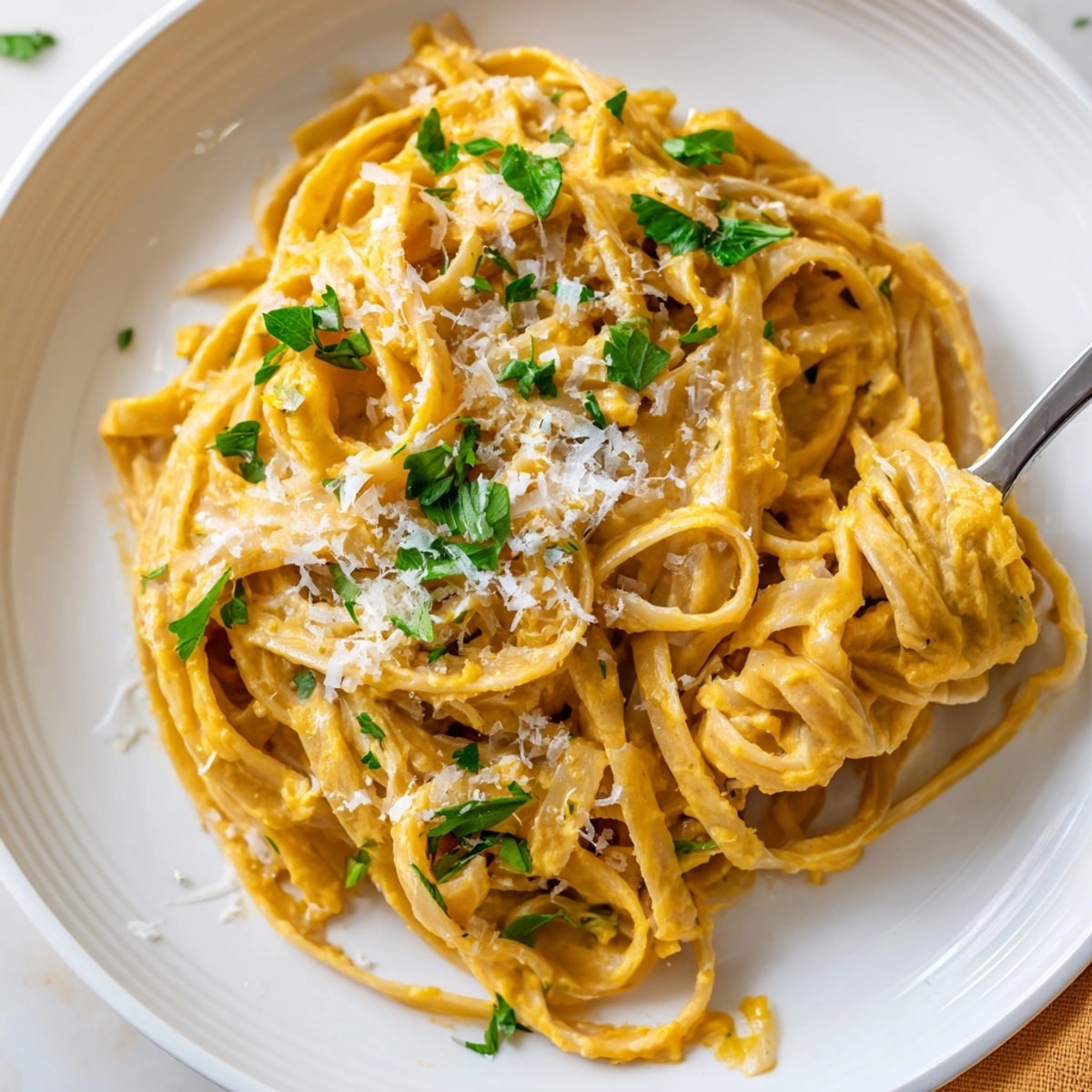 Creamy Pumpkin Alfredo Pasta Skillet, golden and bubbling, ready for a comforting autumn meal.