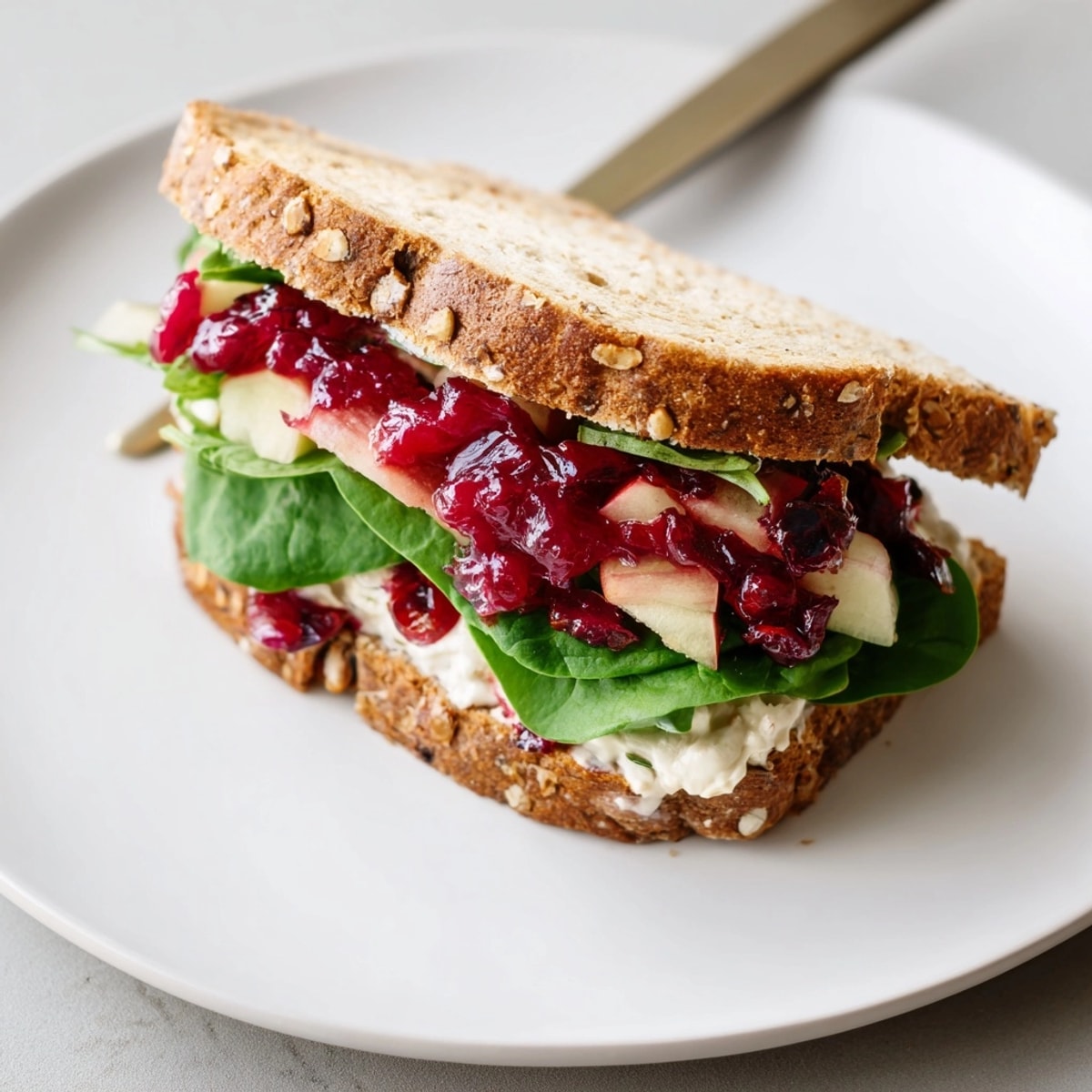 Close-up showing an Apple Cranberry Chutney Sandwich with melting cheese and vibrant greens.