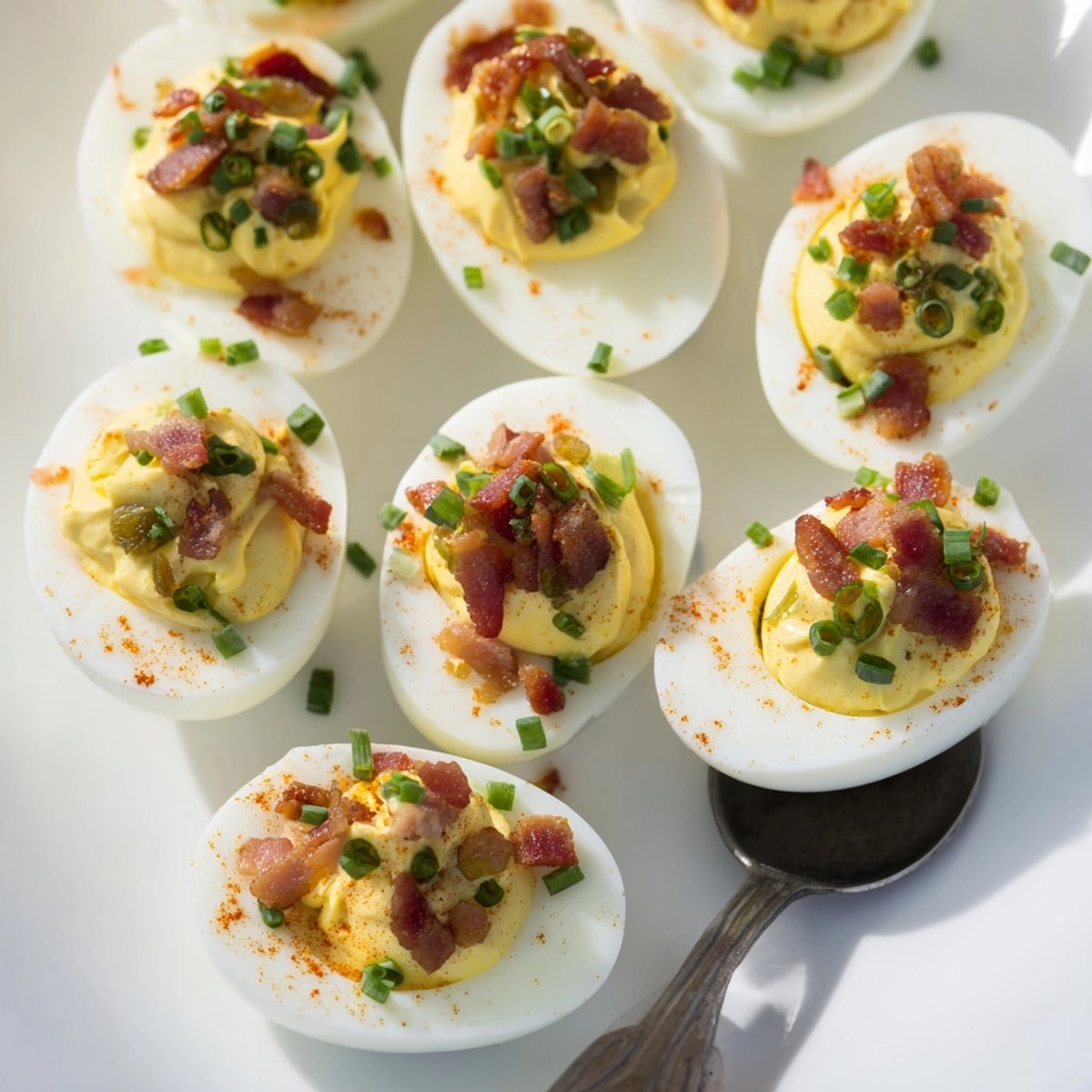 Spicy Deviled Eggs with Bacon &amp; Jalapeño recipe: a close-up view of creamy, flavorful perfection.
