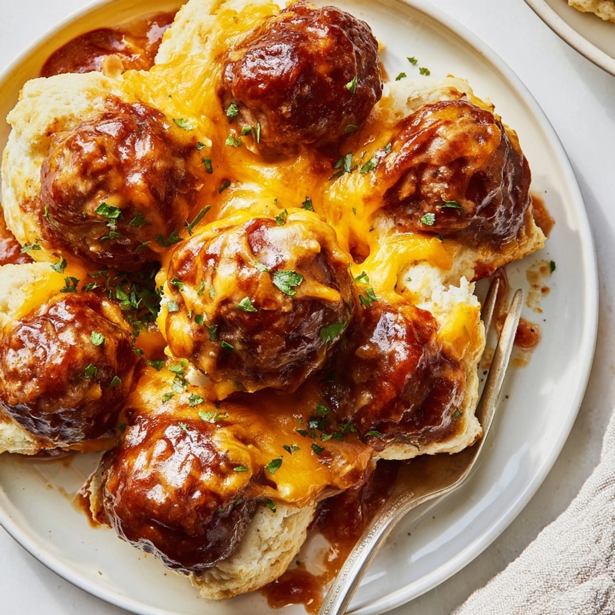 Golden BBQ Meatball Biscuit Bake, bubbly cheese melting, inviting family dinner casserole.
