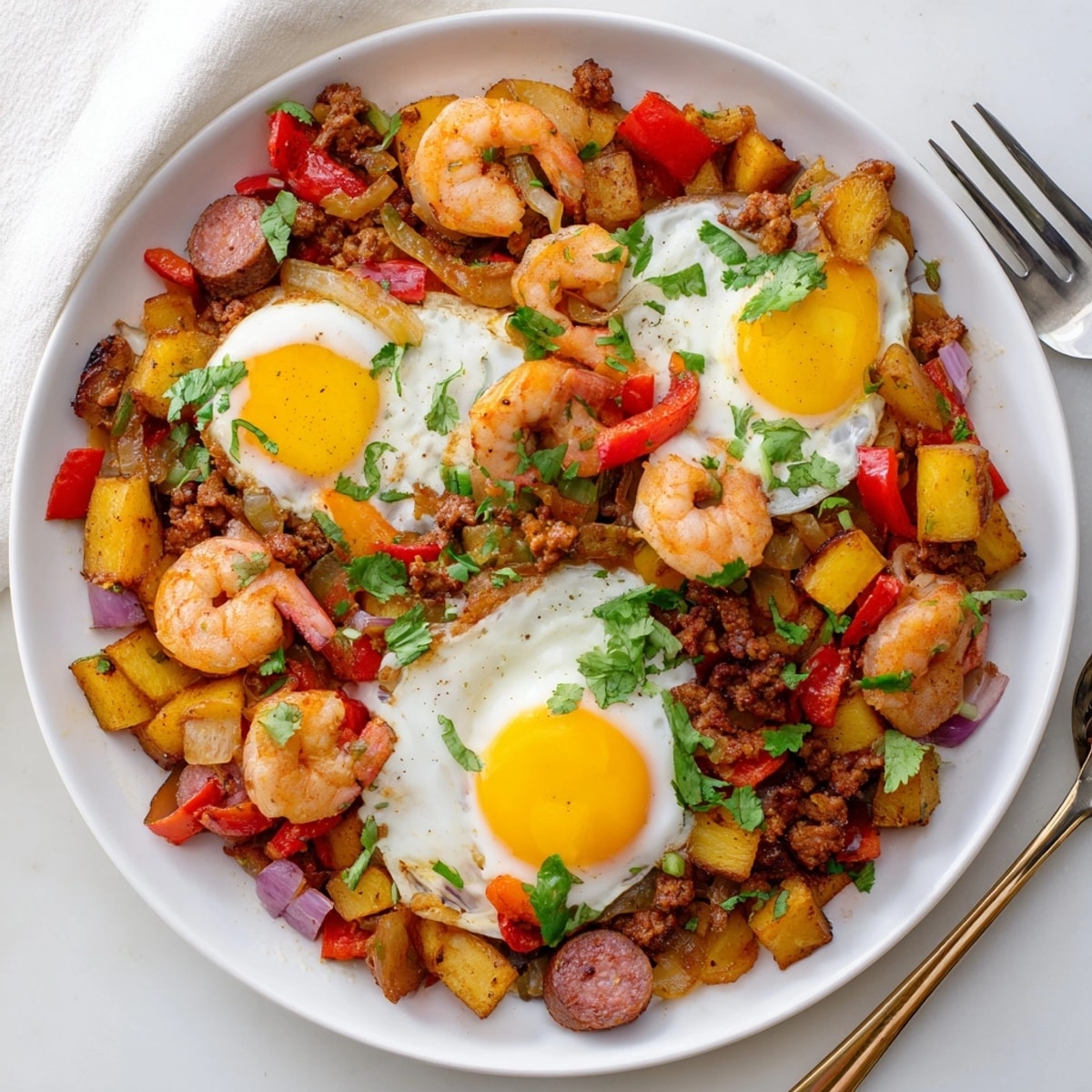 Close-up of sizzling Shrimp Chorizo Breakfast Skillet with vibrant peppers and runny eggs.