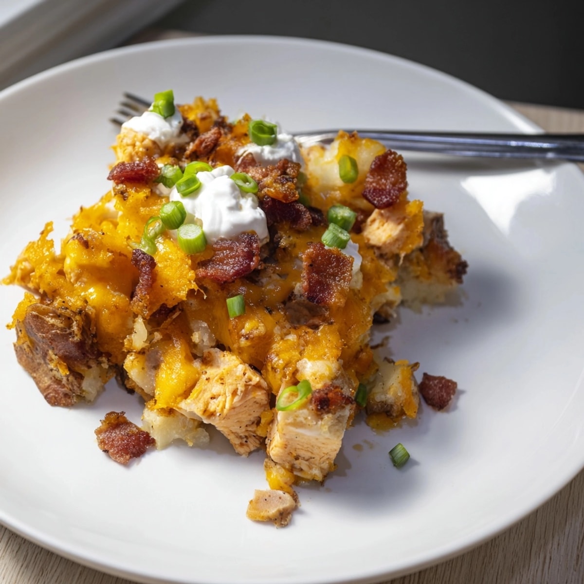 Golden, bubbling Cajun Chicken Loaded Potato Bake fresh from the oven, cheesey and savory.