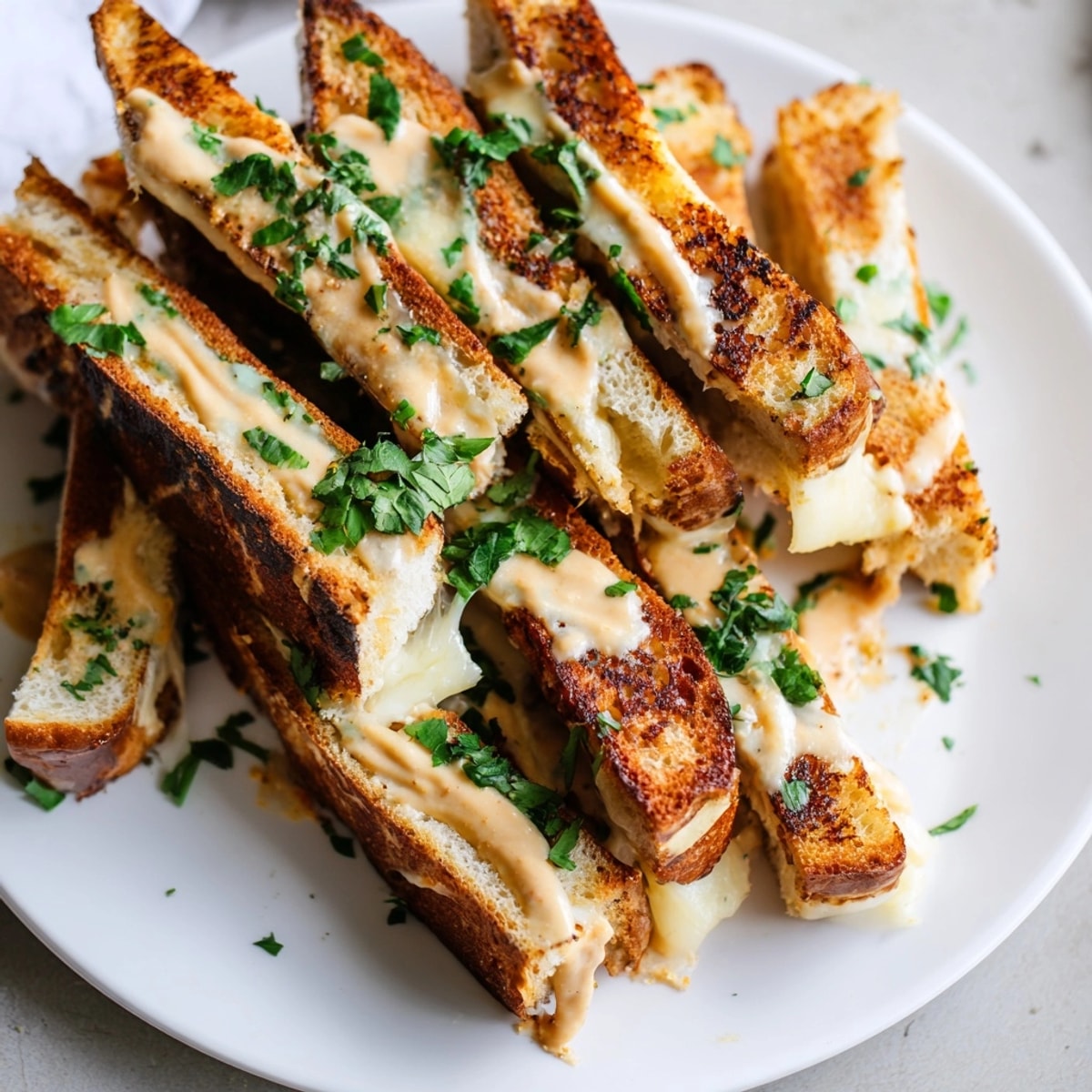 Golden brown Thai Peanut Grilled Cheese Sticks, oozing with melted cheese, ready to dip.