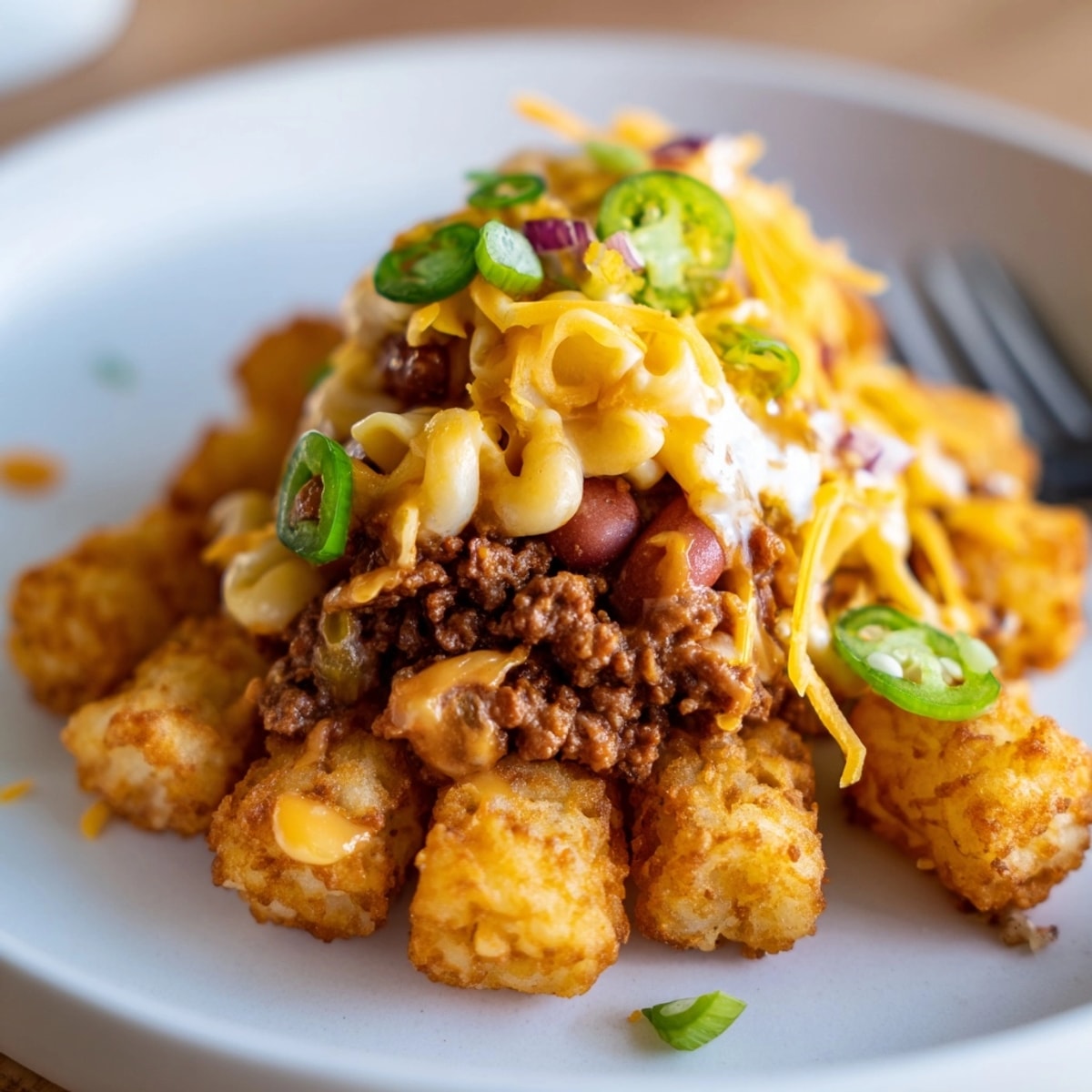 Crispy tater tots smothered in creamy mac and cheese chili for these Mac and Cheese Chili Cheese Tots.