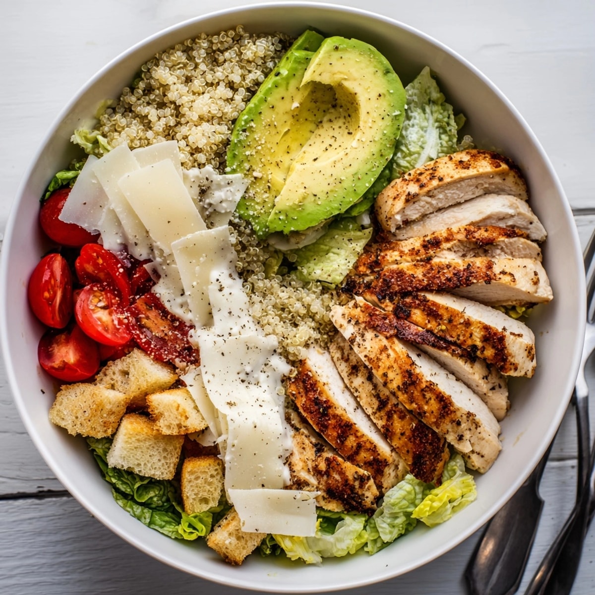 Close-up of Avocado Chicken Caesar Grain Bowl showcases vibrant toppings and creamy Caesar dressing.