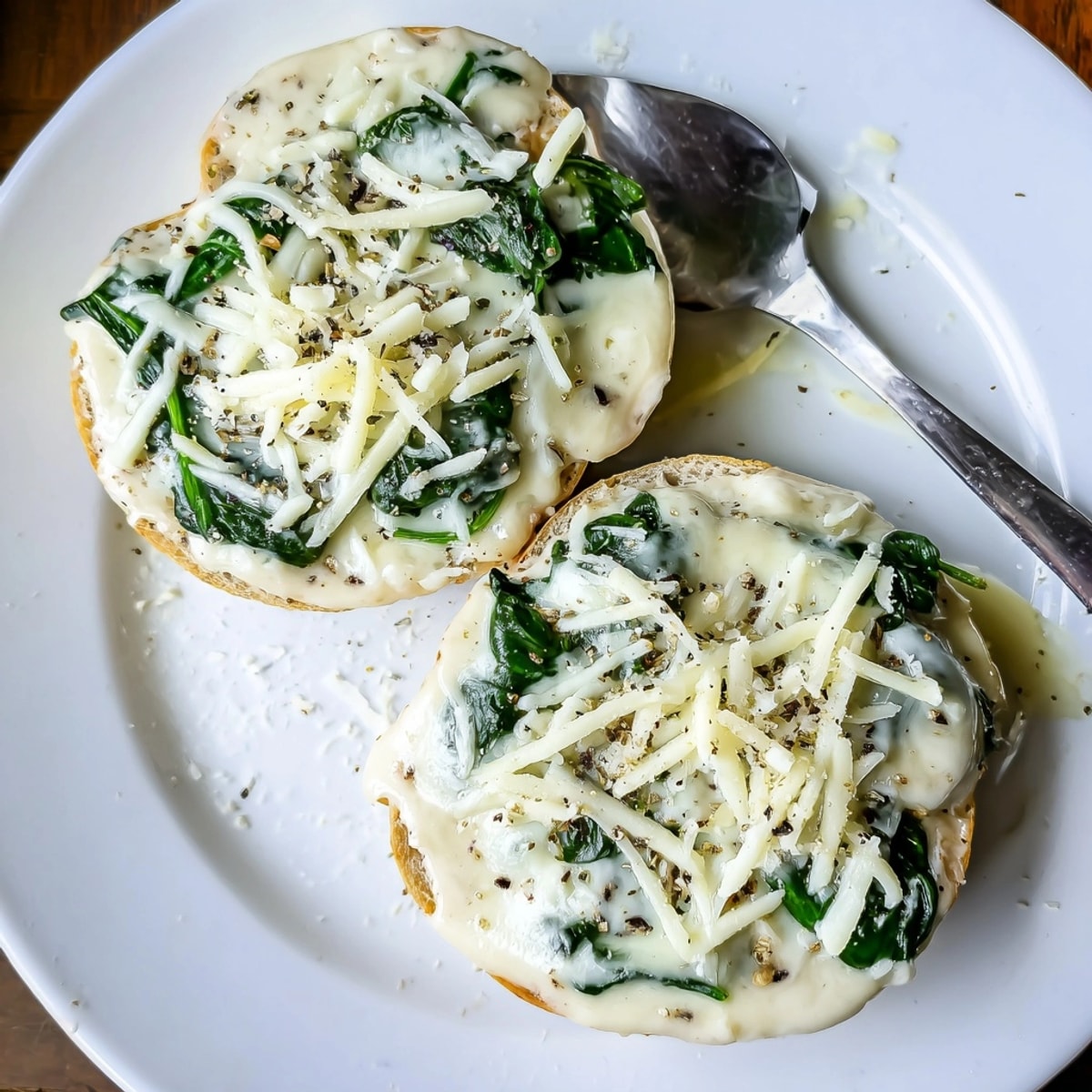 Golden, bubbly Alfredo Spinach Pizza Bagel Bites, warm and cheesy on a sheet pan.
