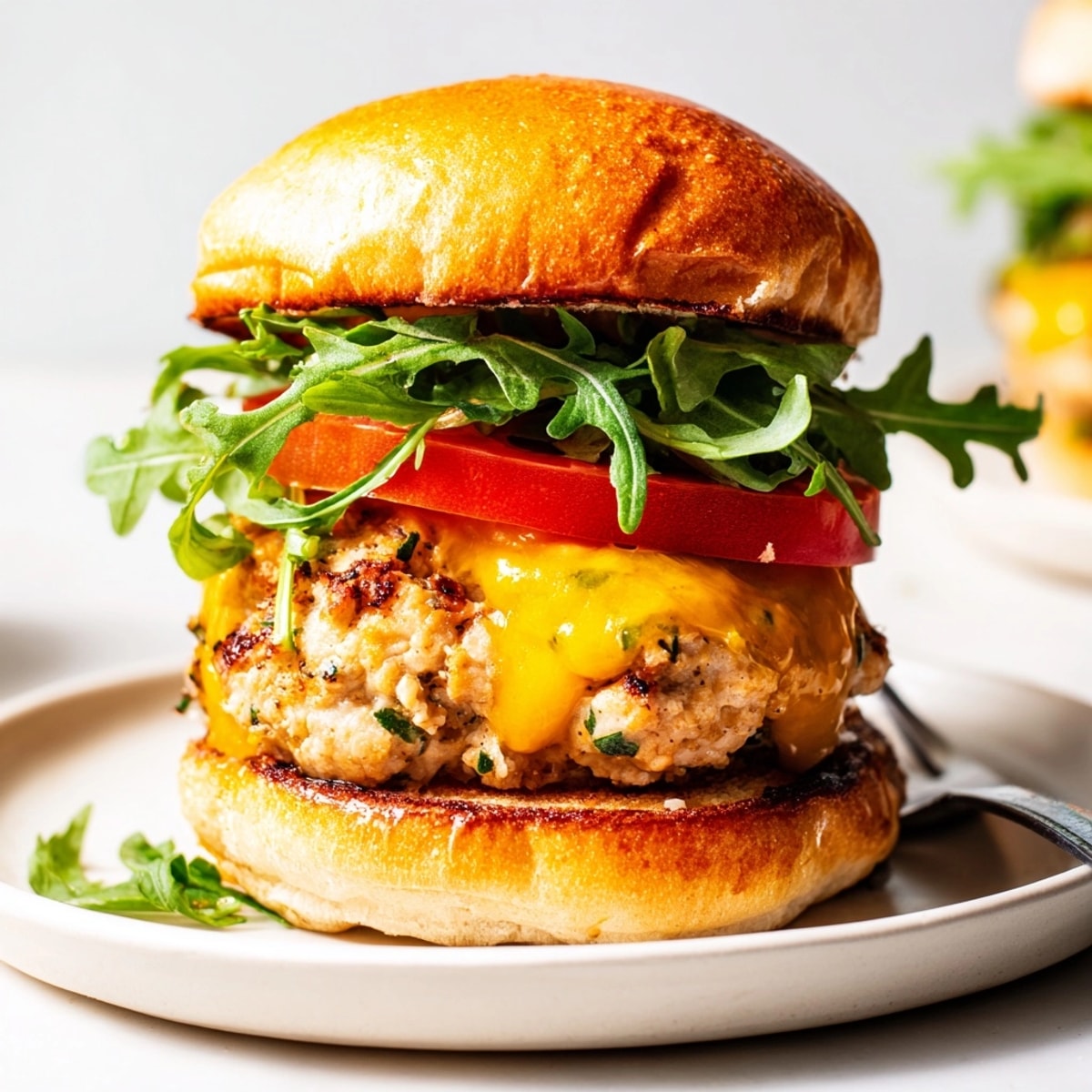 Garlic Butter Turkey Burger Sliders: Cheesy, savory patties on toasted buns with fresh arugula.