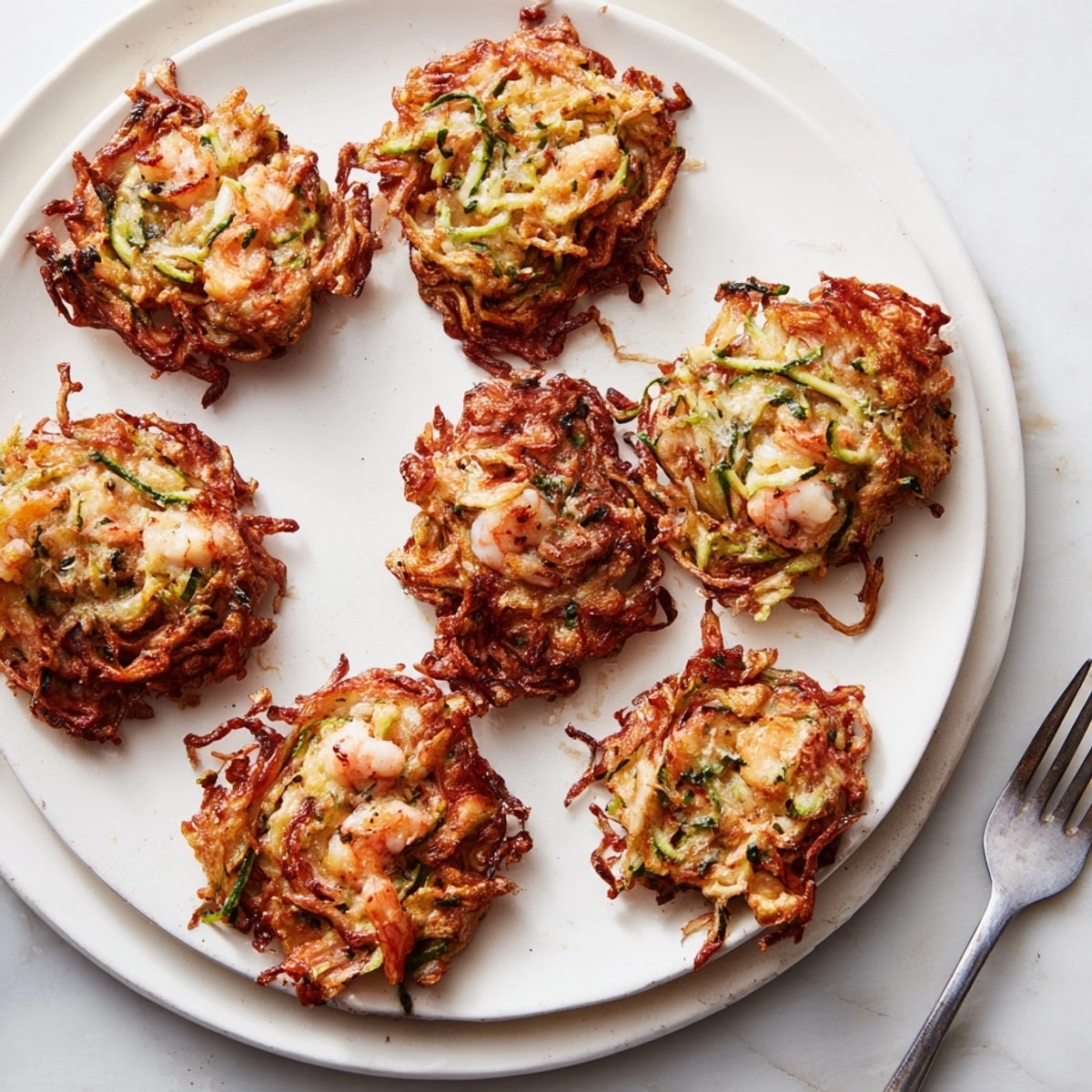 Golden Shrimp & Ricotta Zoodle Fritters sizzling in olive oil, ready for a tasty appetizer.