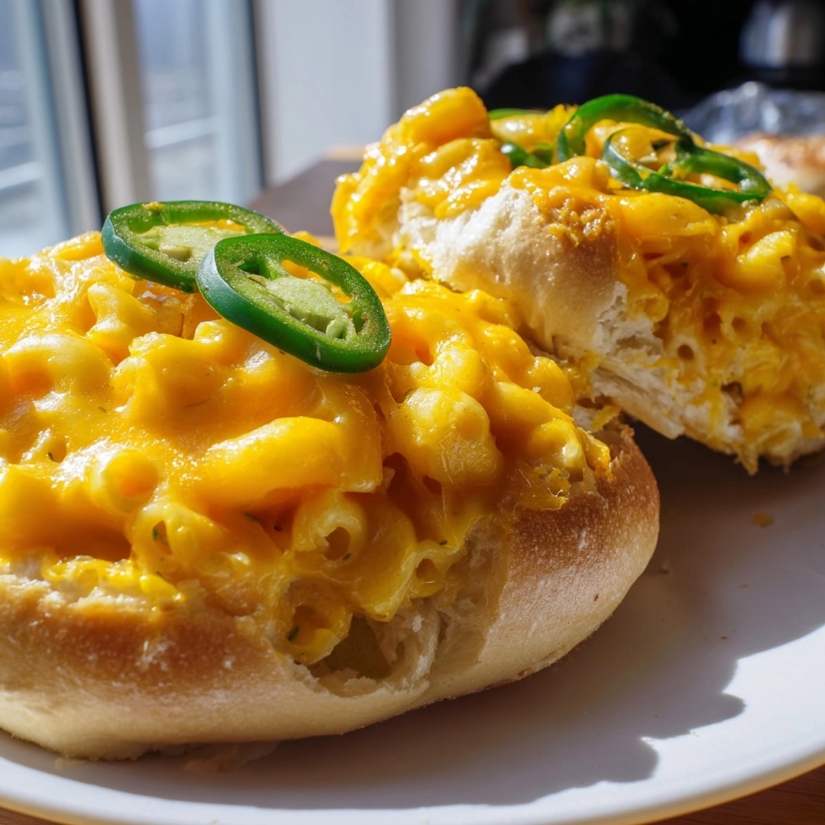 Close-up of golden baked Mac and Cheese Cheddar Jalapeño Bagels, sprinkled with cheese.