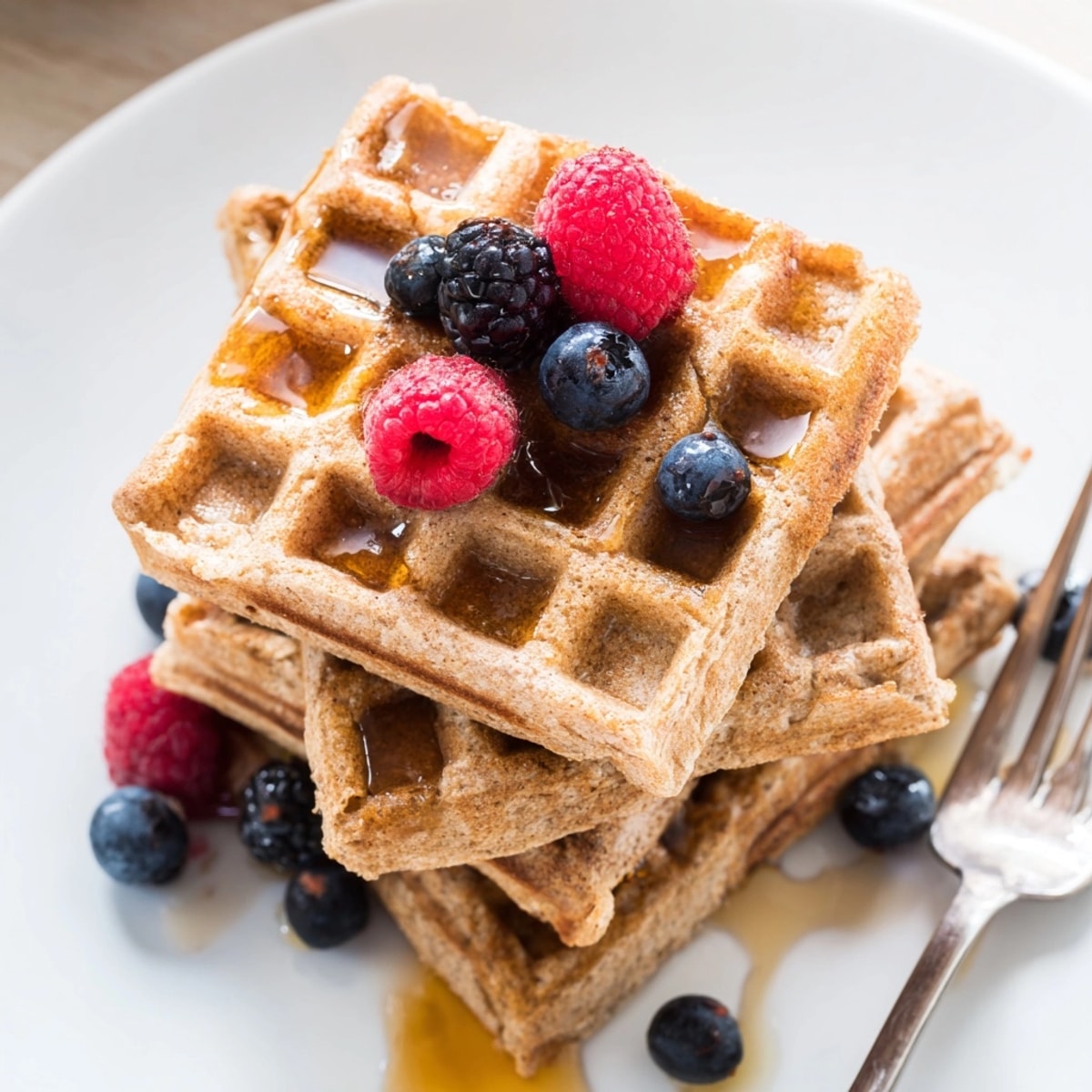 Stack of golden Cinnamon Vanilla Oat Waffles; served with fresh fruit and creamy yogurt.