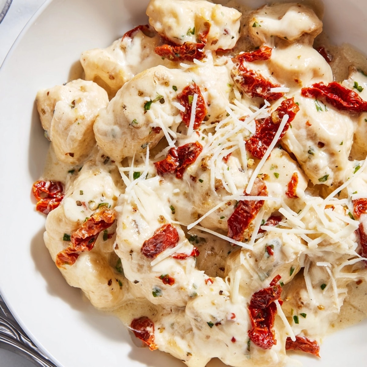 Creamy Alfredo Sundried Tomato Chicken Bake sizzling with melted mozzarella, ready for a simple supper.