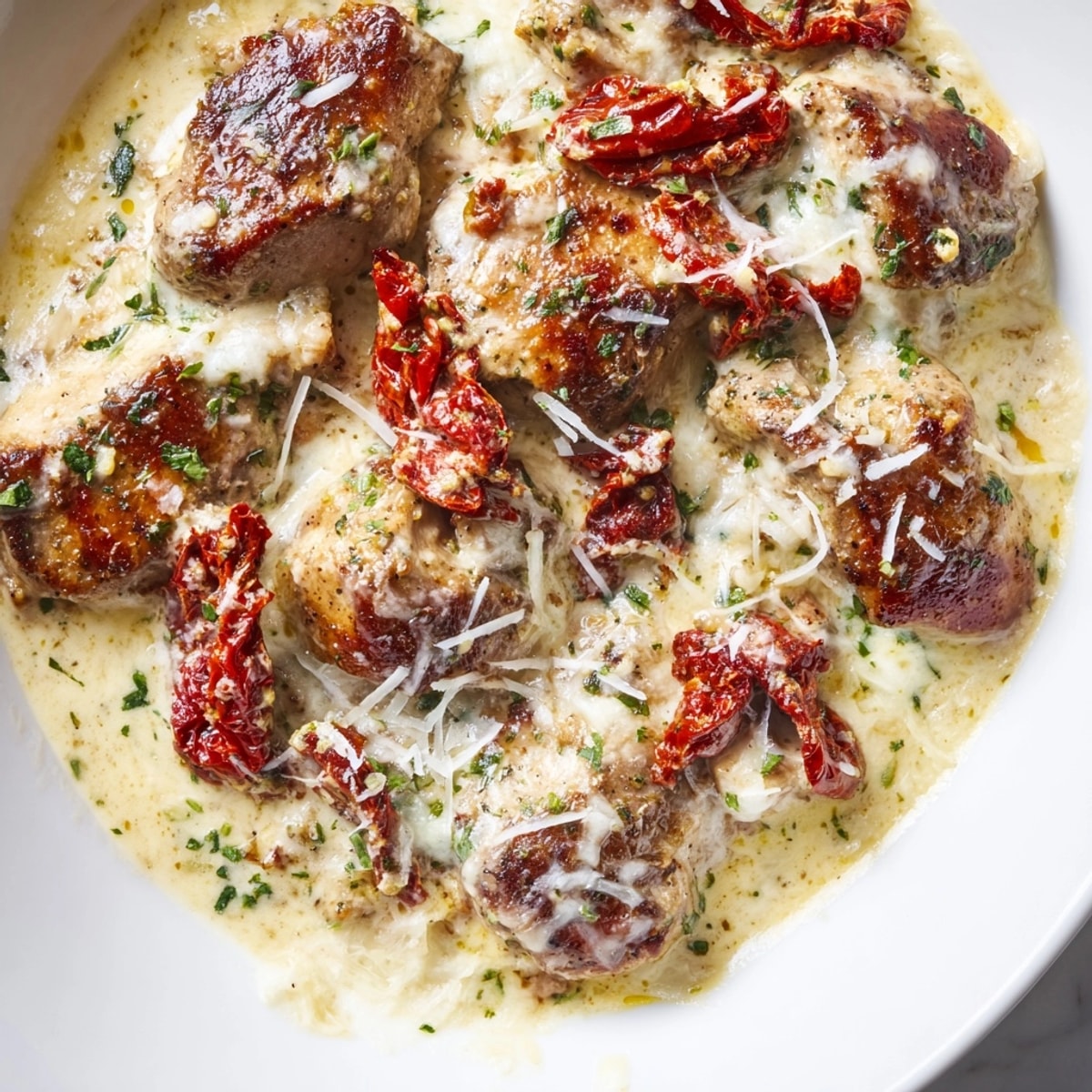 Golden, bubbly Alfredo Sundried Tomato Chicken Bake showing tender chicken and bright sundried tomatoes.