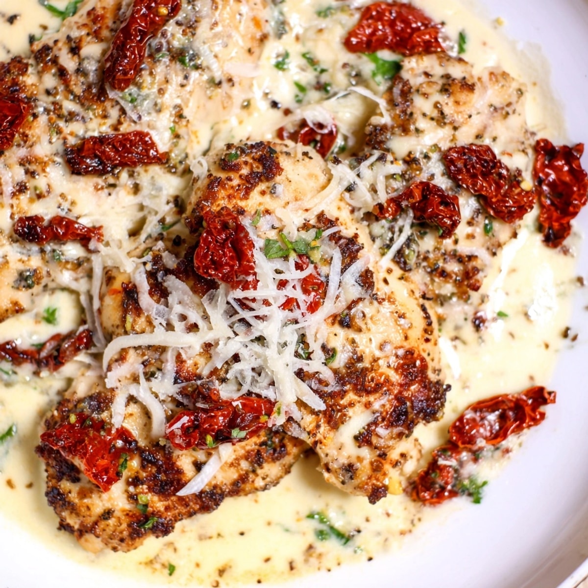 Easy Alfredo Sundried Tomato Chicken Bake with parmesan, Italian herbs ready to be served.