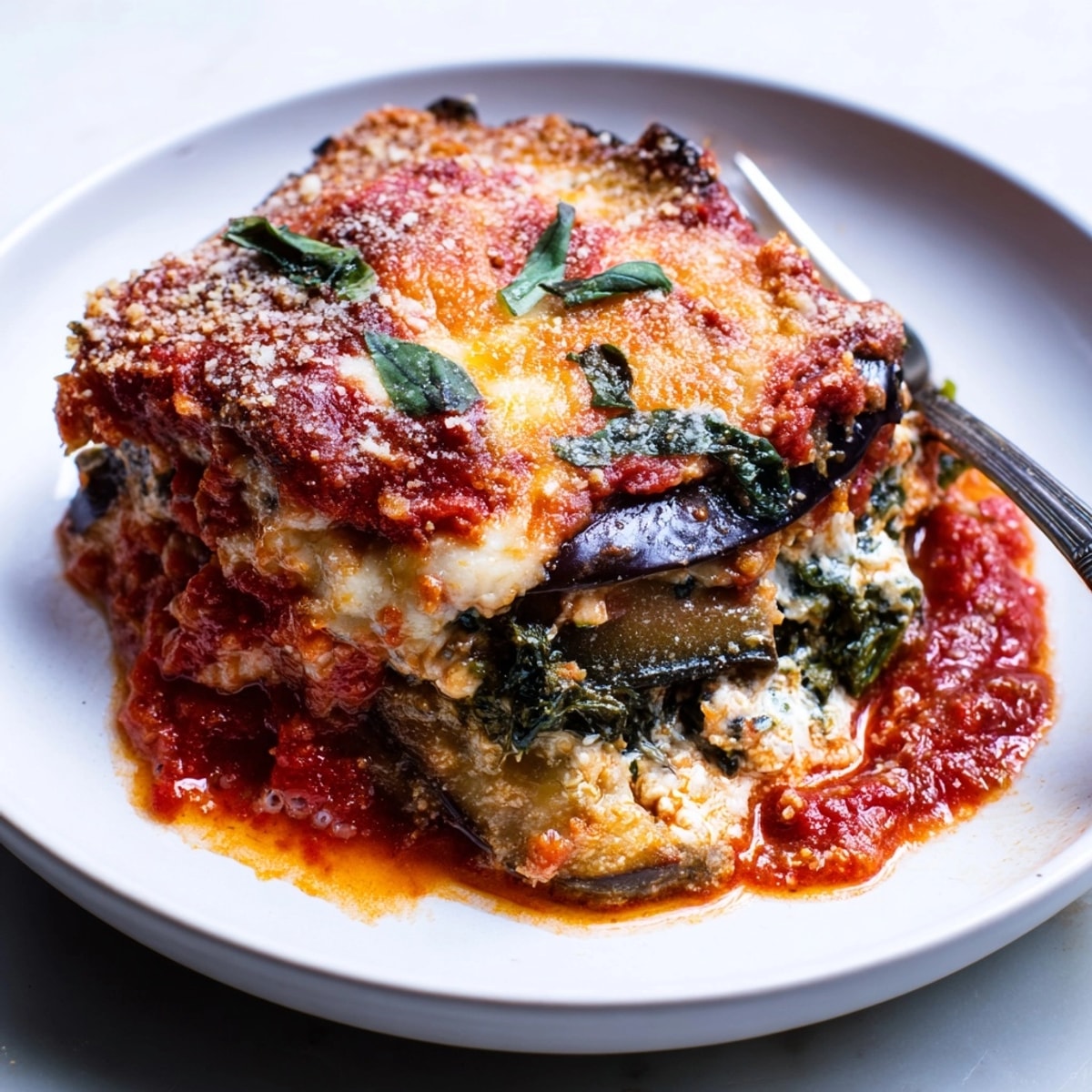 Golden, bubbling Cheesy Ricotta Eggplant Lasagna, baked until the cheese is melted and fragrant.