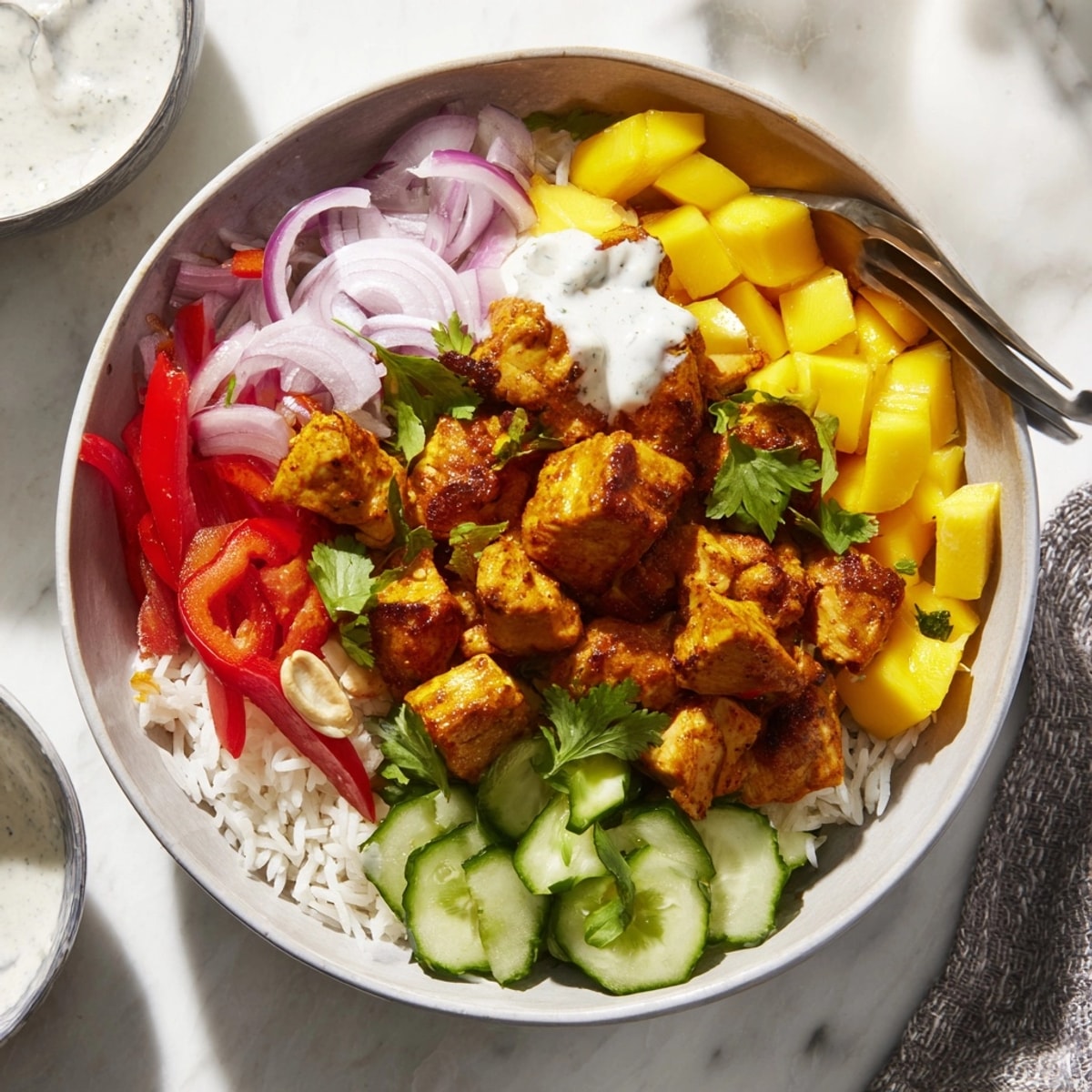 A colorful Mango Masala Chicken Tidy Bowl glistening with masala yogurt sauce.