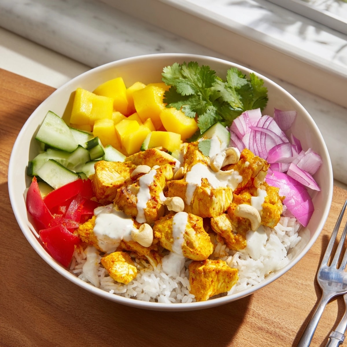 Close-up of Mango Masala Chicken Tidy Bowls showcases vibrant mango and spiced chicken.