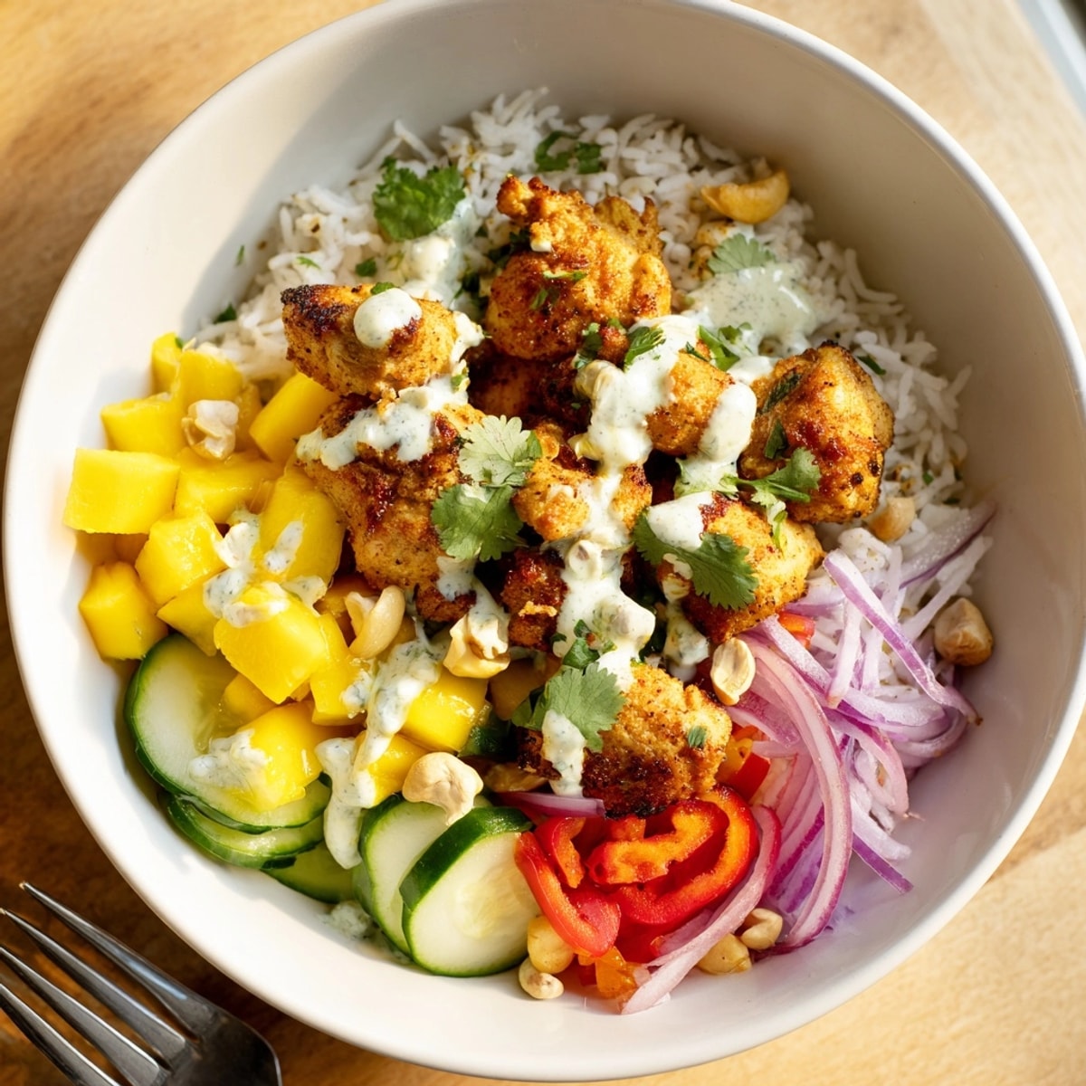 Making delicious Mango Masala Chicken Tidy Bowls—fresh ingredients and aromatic spices entice.