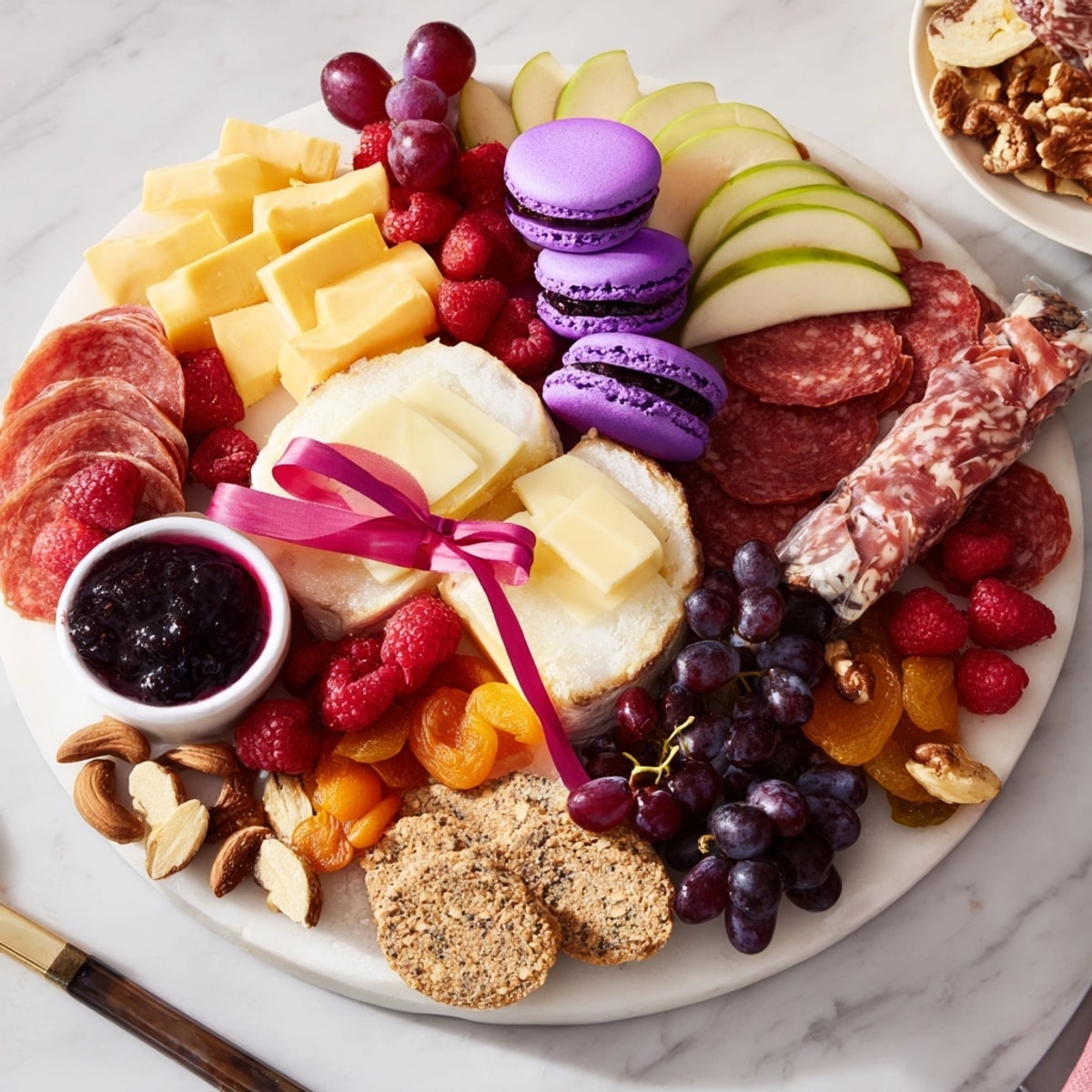 Elegant, artfully arranged Charcuterie Board with Ube Macarons glistening, perfect for a festive appetizer.