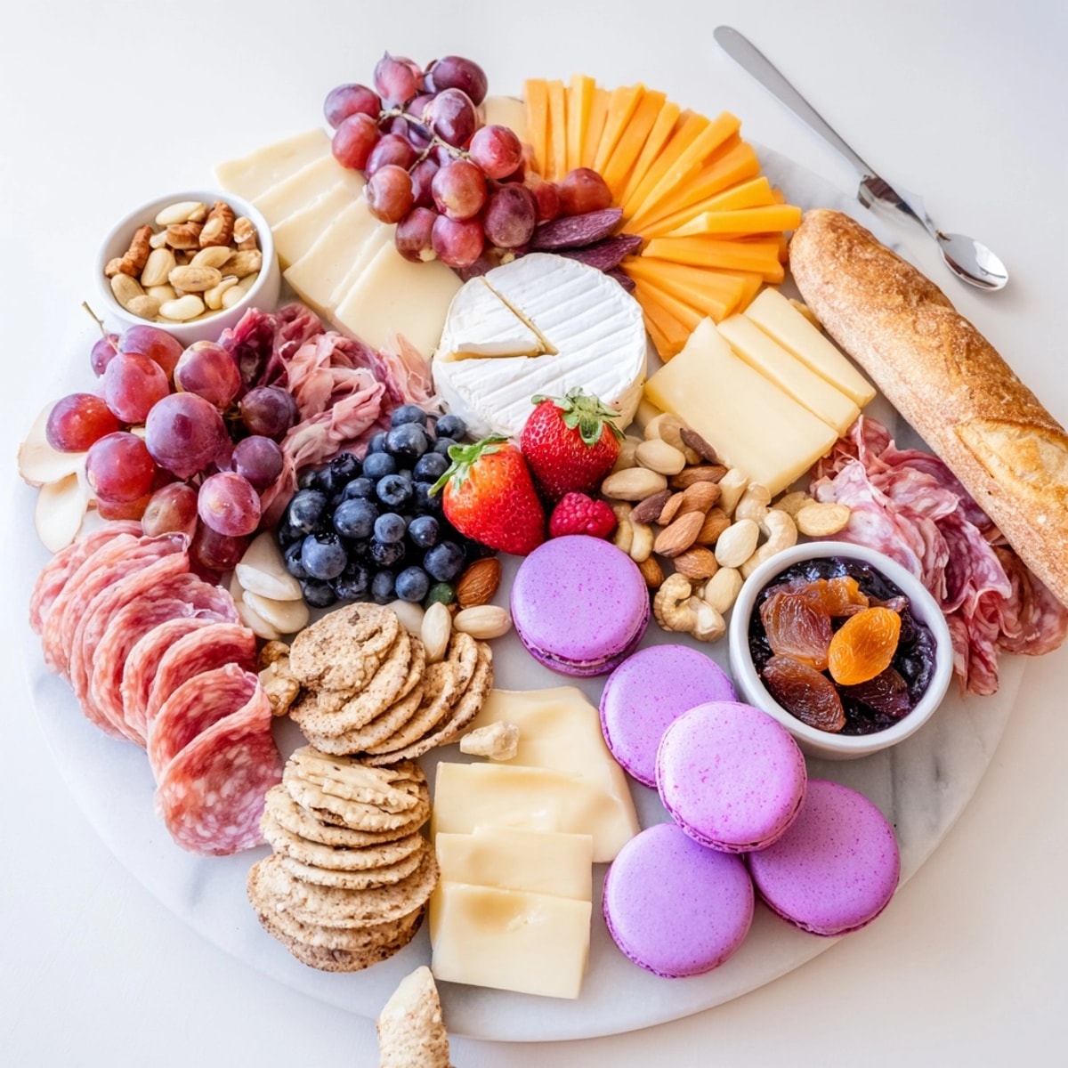Vibrant Charcuterie Board: Creamy cheeses, ripe fruits, and surprising, delicious ube macarons.