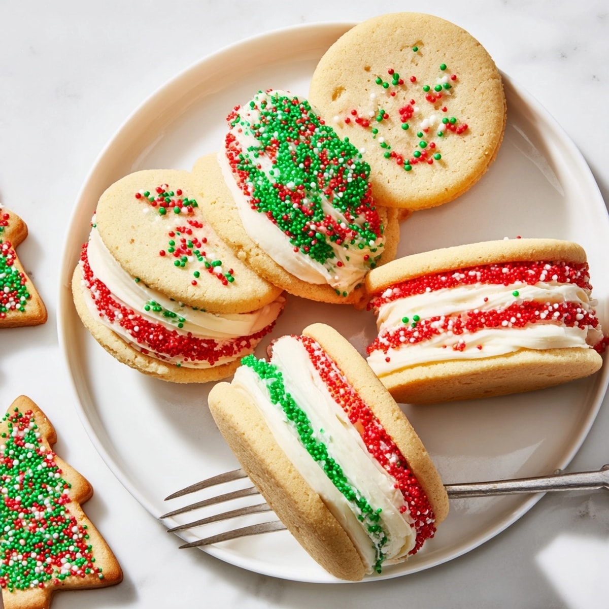 Close-up of sprinkle-covered Festive Christmas Cookie Sandwiches; buttery, tender, and ready to eat.