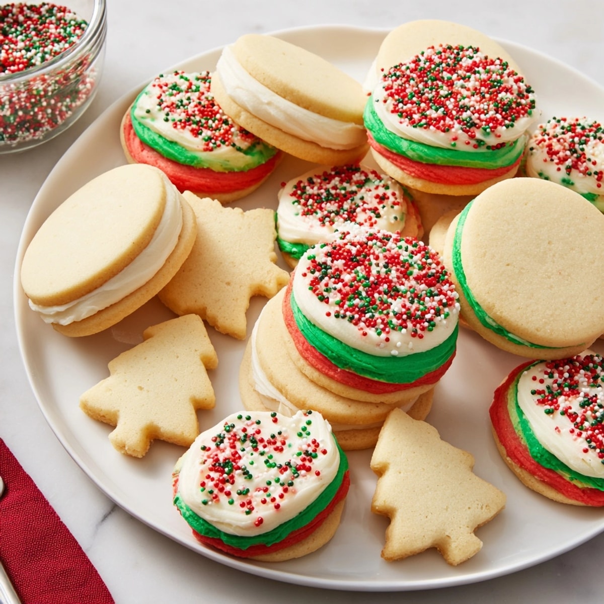 Stack of Festive Christmas Cookie Sandwiches; a colorful Christmas baking project with kids.