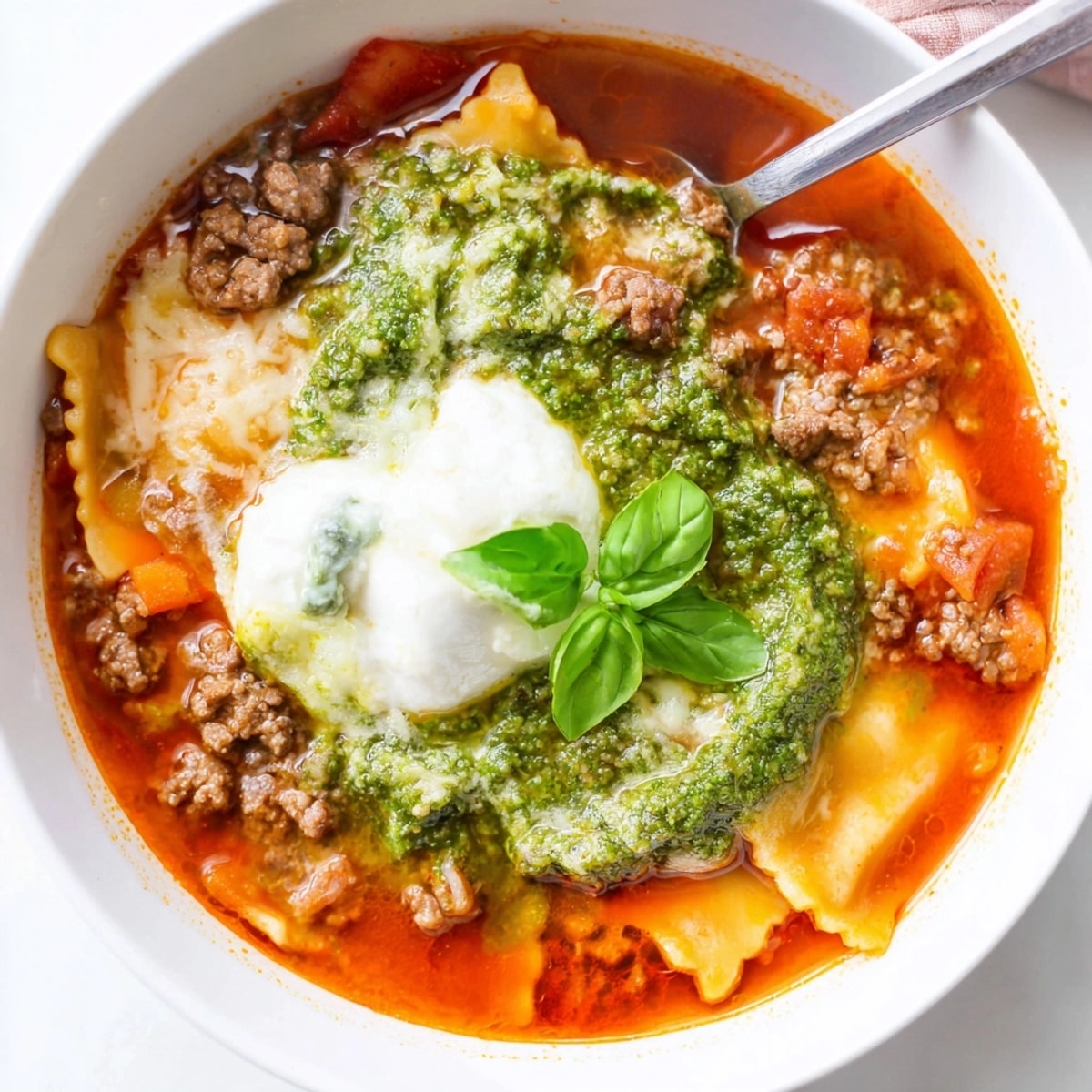 Close-up of creamy Lasagne Soup with Pesto Drizzle, garnished with basil leaves.