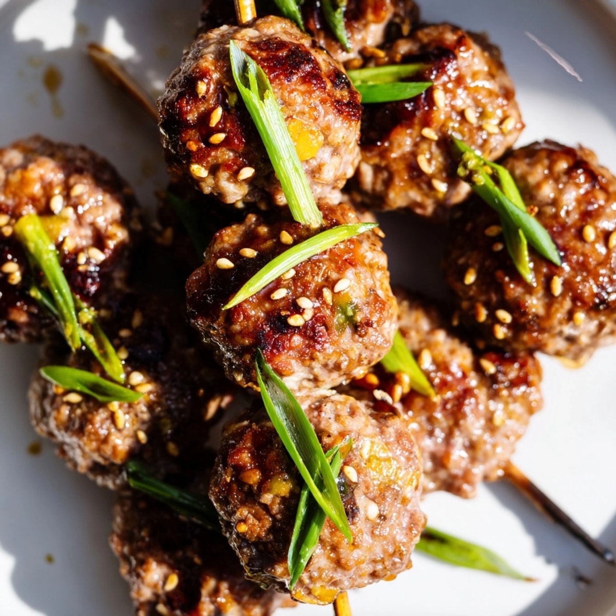 Homemade Japanese Yakitori Meatball Skewers: Delicious, juicy chicken on skewers with a sweet glaze.