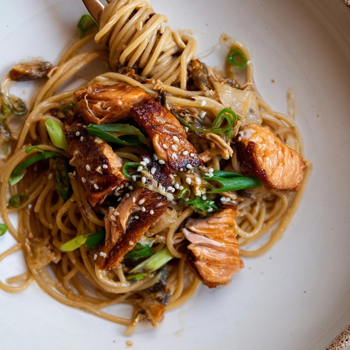 Japanese Pan-fried Salmon Pasta, glistening with soy and mirin, ready to savor.