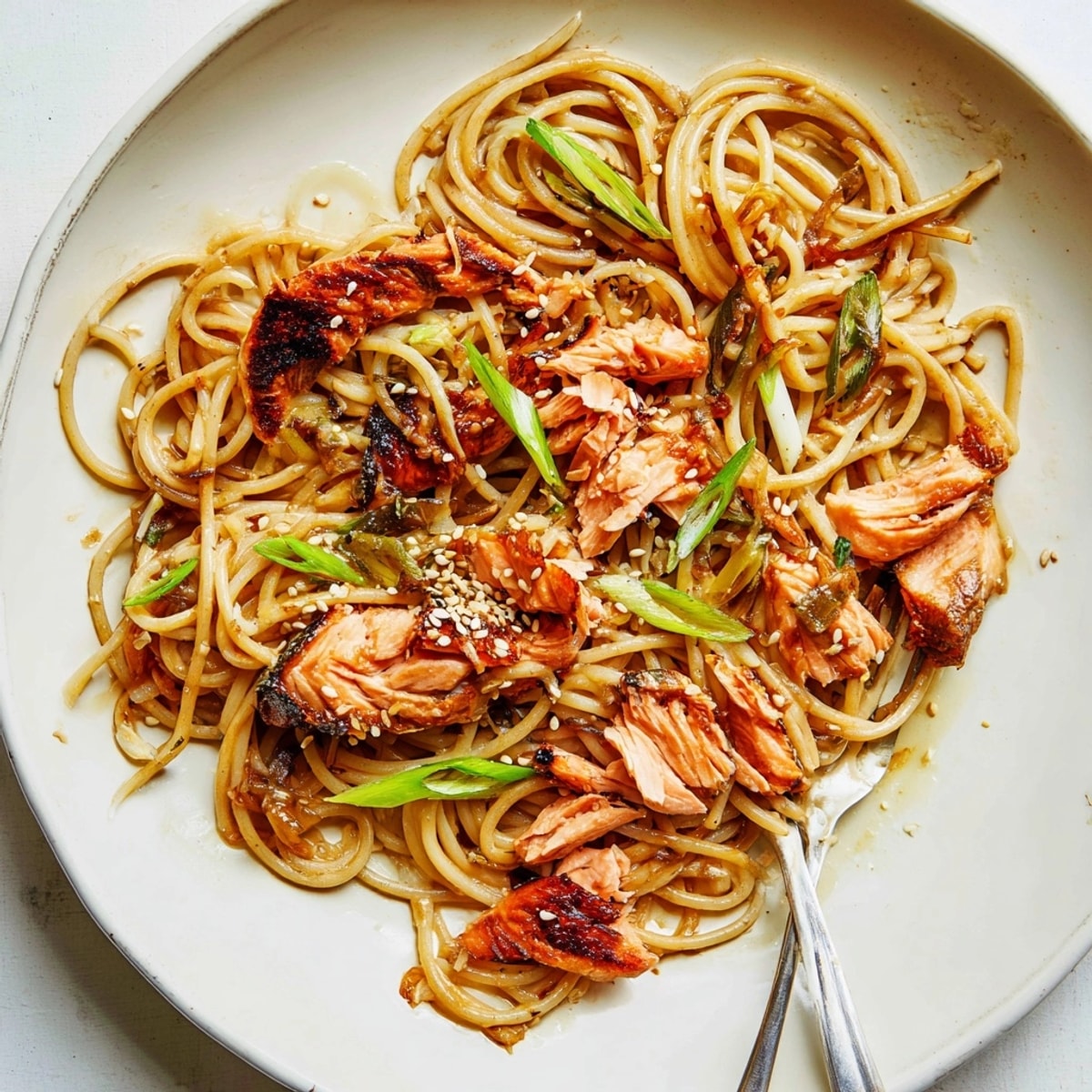 Savory Japanese Pan-fried Salmon Pasta presented—crispy salmon over perfectly coated spaghetti.