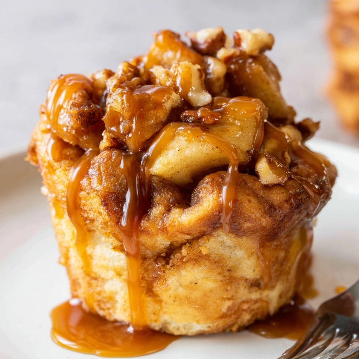 Golden-brown Caramel Apple Bread Pudding Muffins, baked until fluffy and drizzled with caramel.
