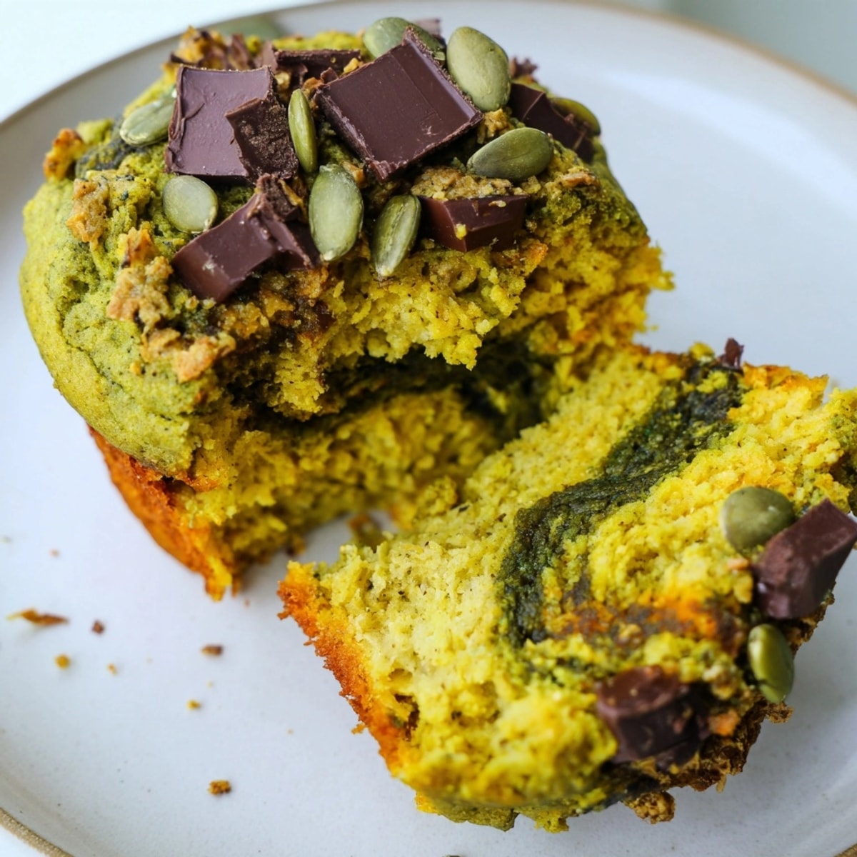 Golden-brown Vegan Matcha Pumpkin Muffins, warm from the oven, a delightful fusion flavor.