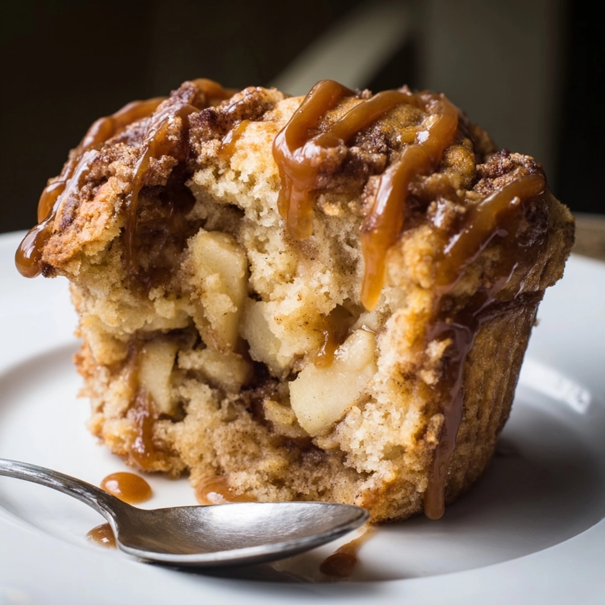 Golden Caramel Apple Cinnamon Roll Muffins fresh from the oven, drizzled with caramel.
