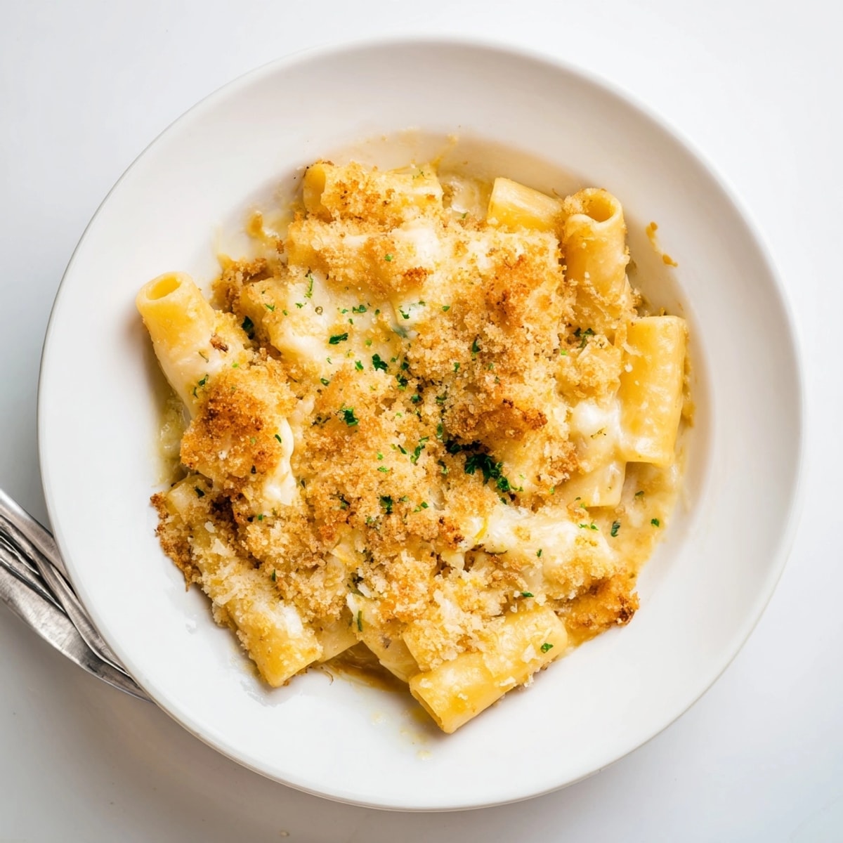 Baked Miso Maple Pasta, served warm and garnished with parsley; a tasty meal.