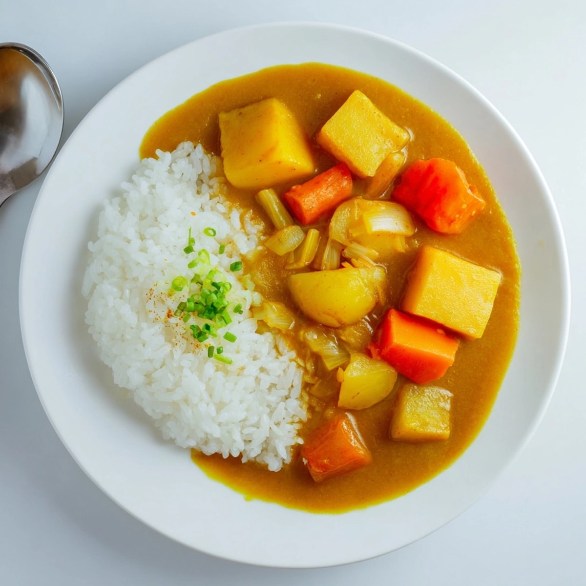 Aromatic Japanese Curry Pumpkin Twist: Roasted pumpkin's sweetness complements savory broth, served steaming.