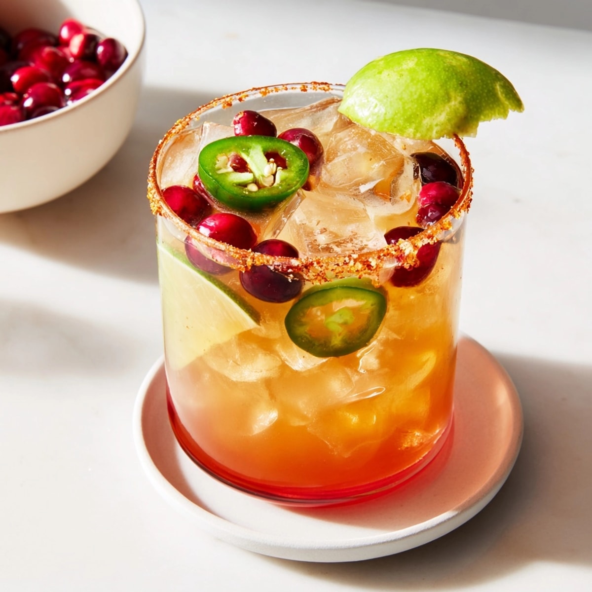Icy Spicy Thanksgiving Mocktail Margarita in a salt-rimmed, cranberry-garnished glass.