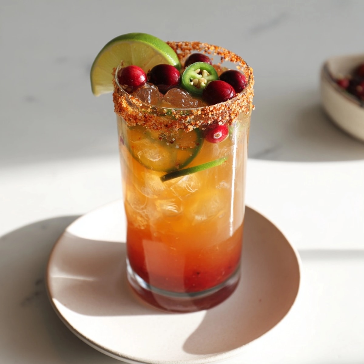 Vibrant red Spicy Thanksgiving Mocktail Margarita: Enjoy a balanced sweet, spicy autumn treat.