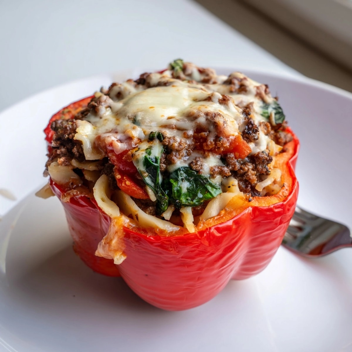 Lasagne Soup Stuffed Bell Peppers baking dish, bubbly mozzarella cheese, colorful, delicious.