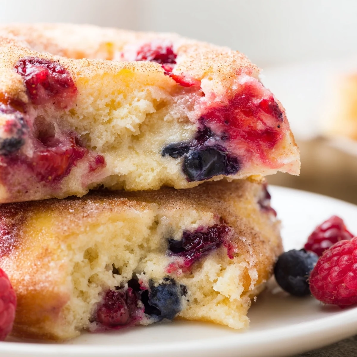 Fluffy baked Protein Cinnamon Berry Doughnuts, bursting with juicy berries and cinnamon flavor.